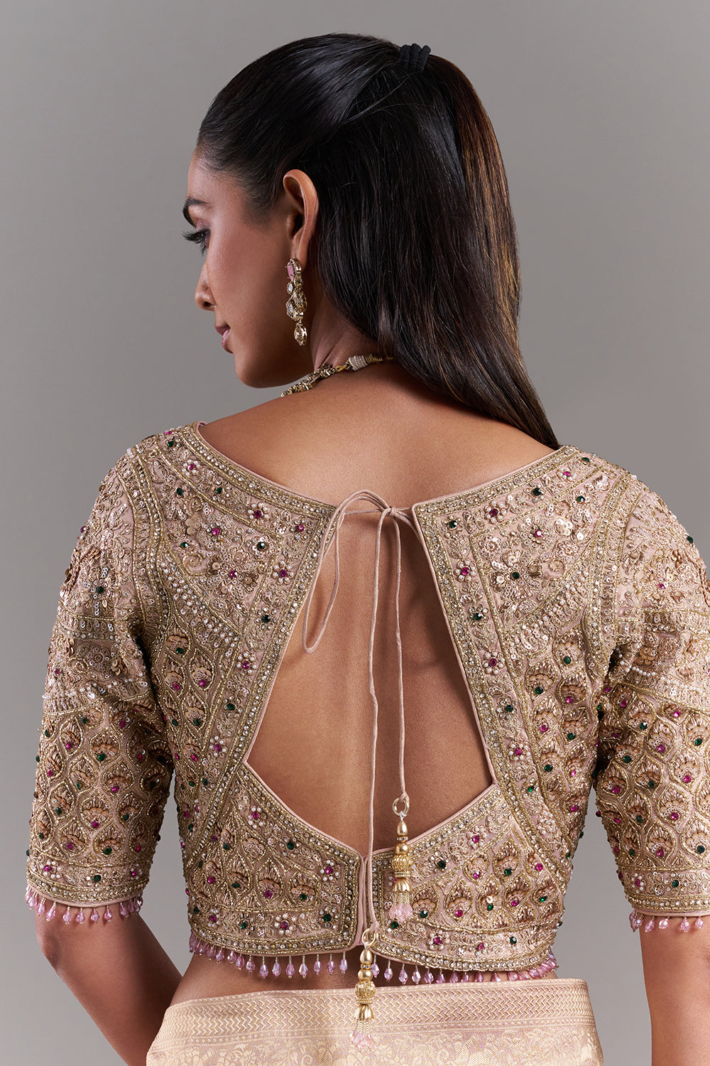 Mauve Gold Shimmer Organza Printed Saree with Stitched Blouse