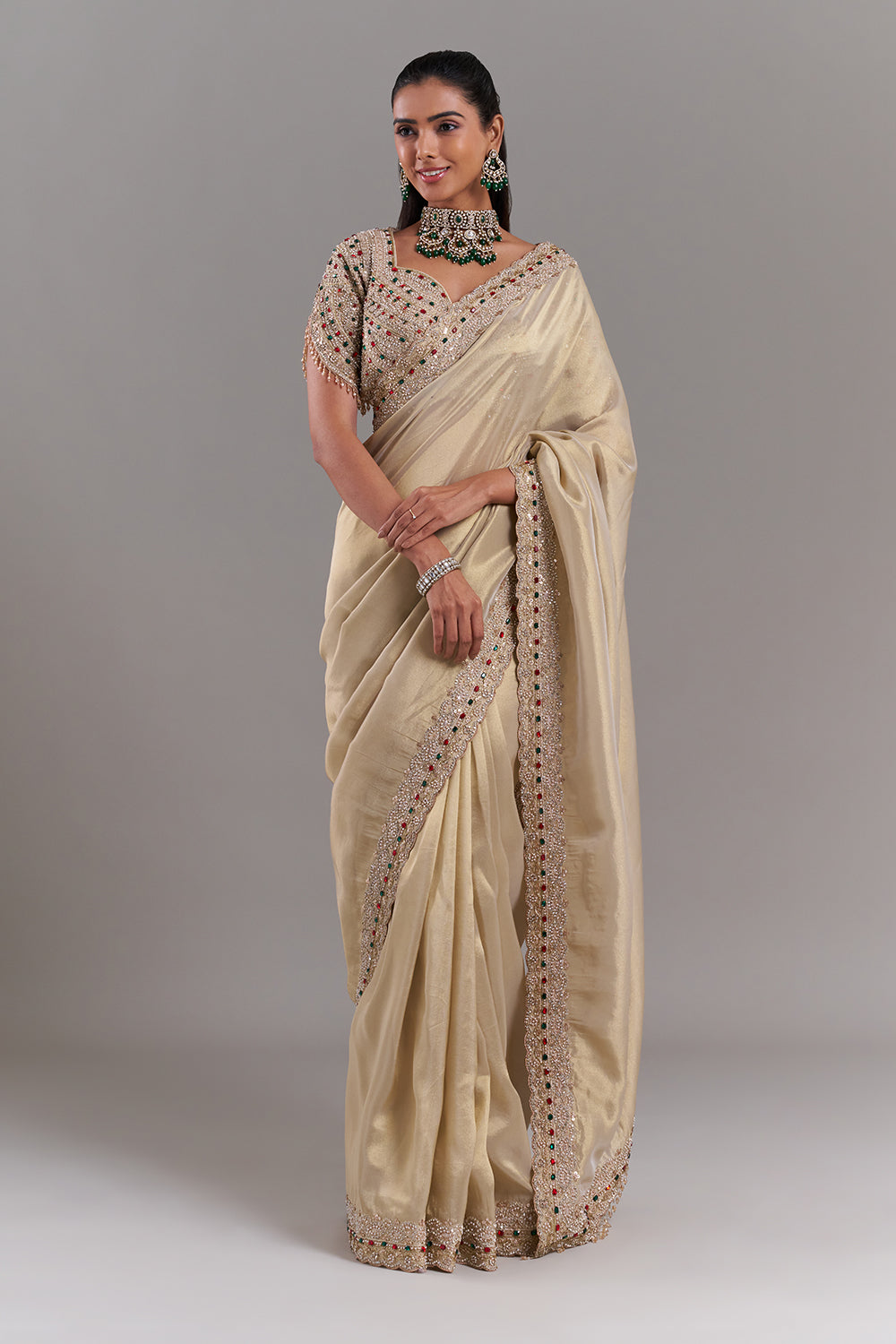Gold Shimmer Organza Saree with Stitched Blouse