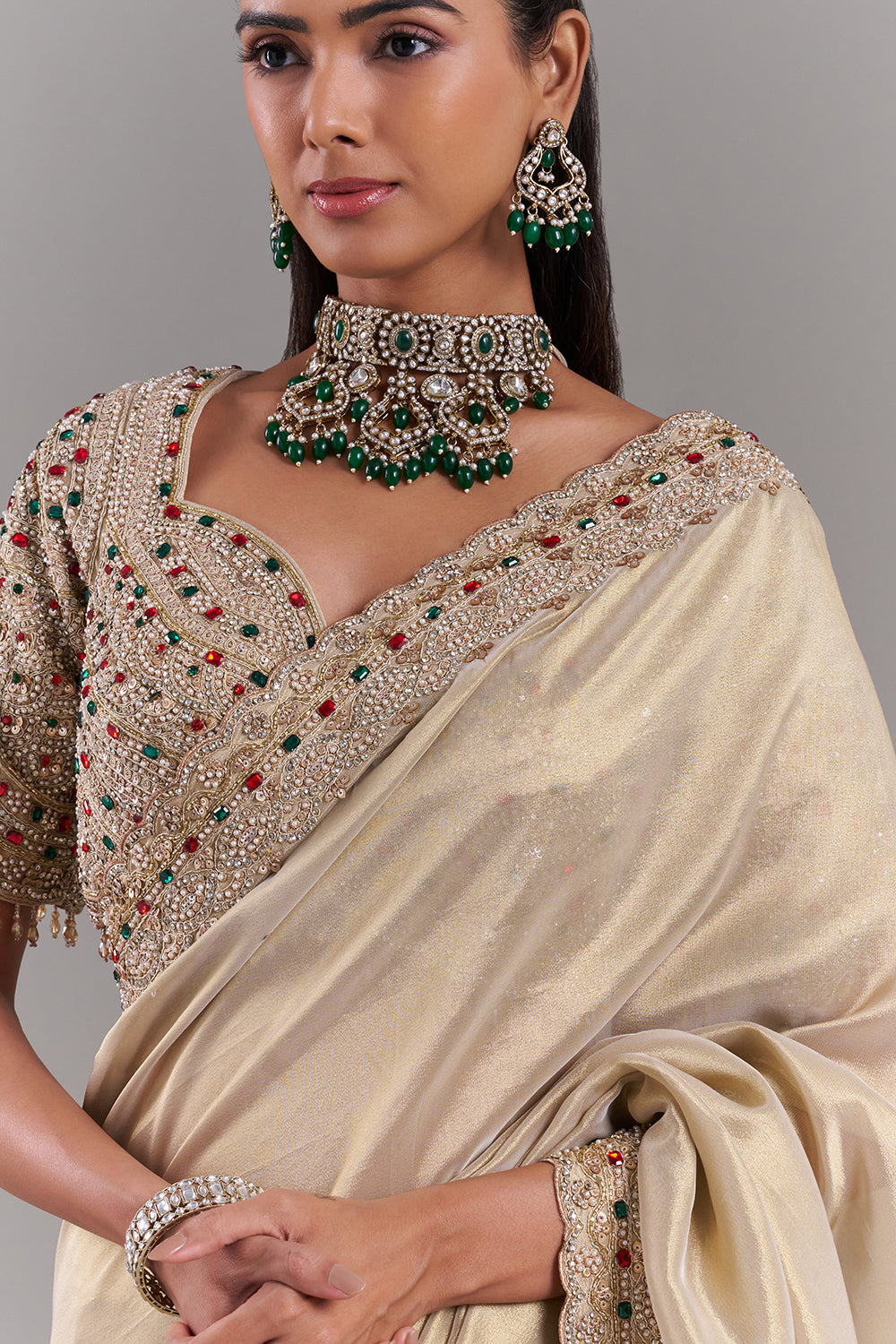 Gold Shimmer Organza Saree with Stitched Blouse