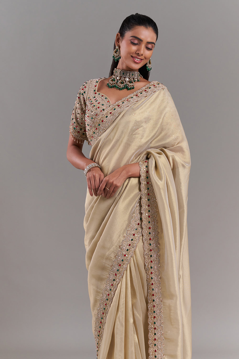 Gold Shimmer Organza Saree with Stitched Blouse