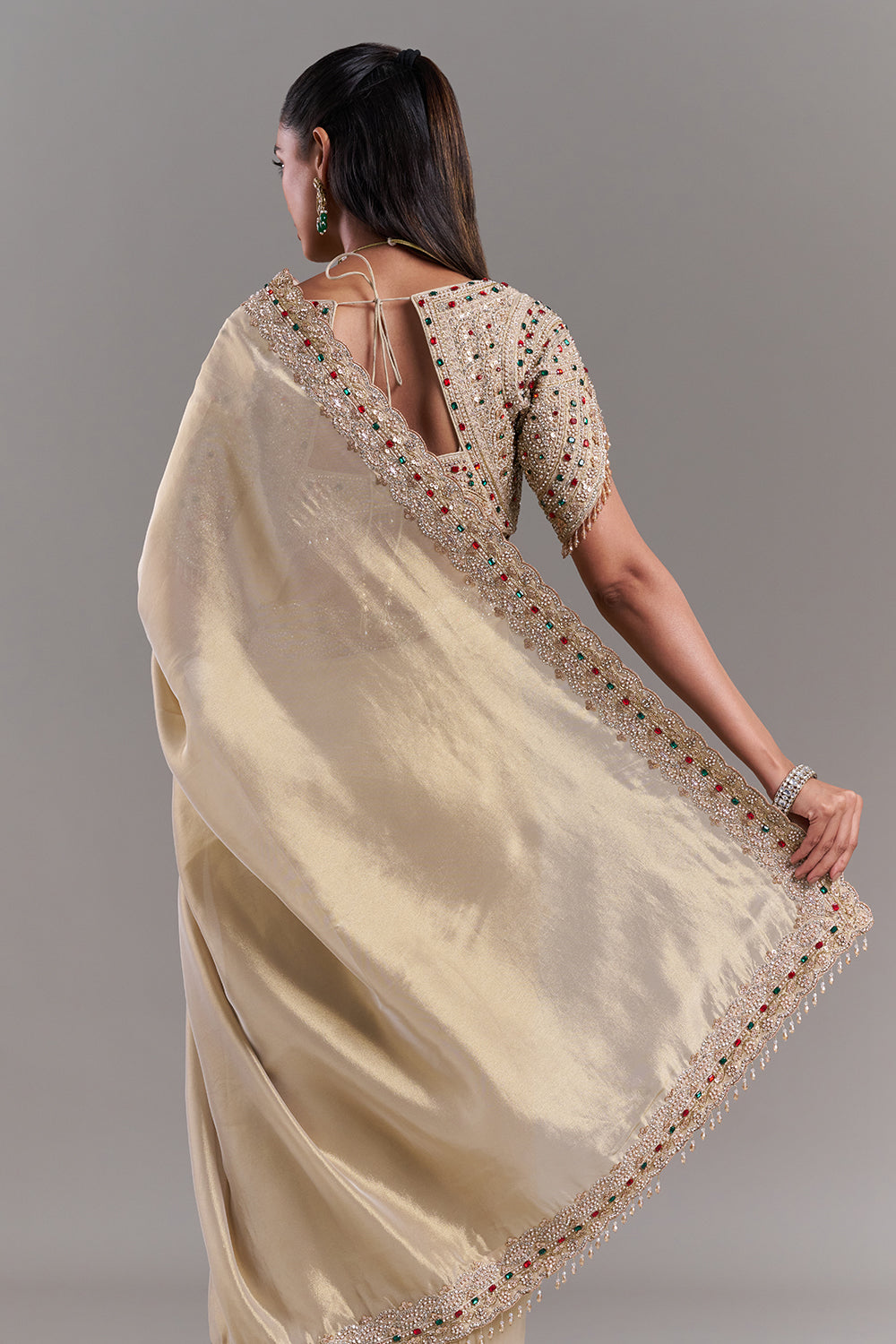 Gold Shimmer Organza Saree with Stitched Blouse