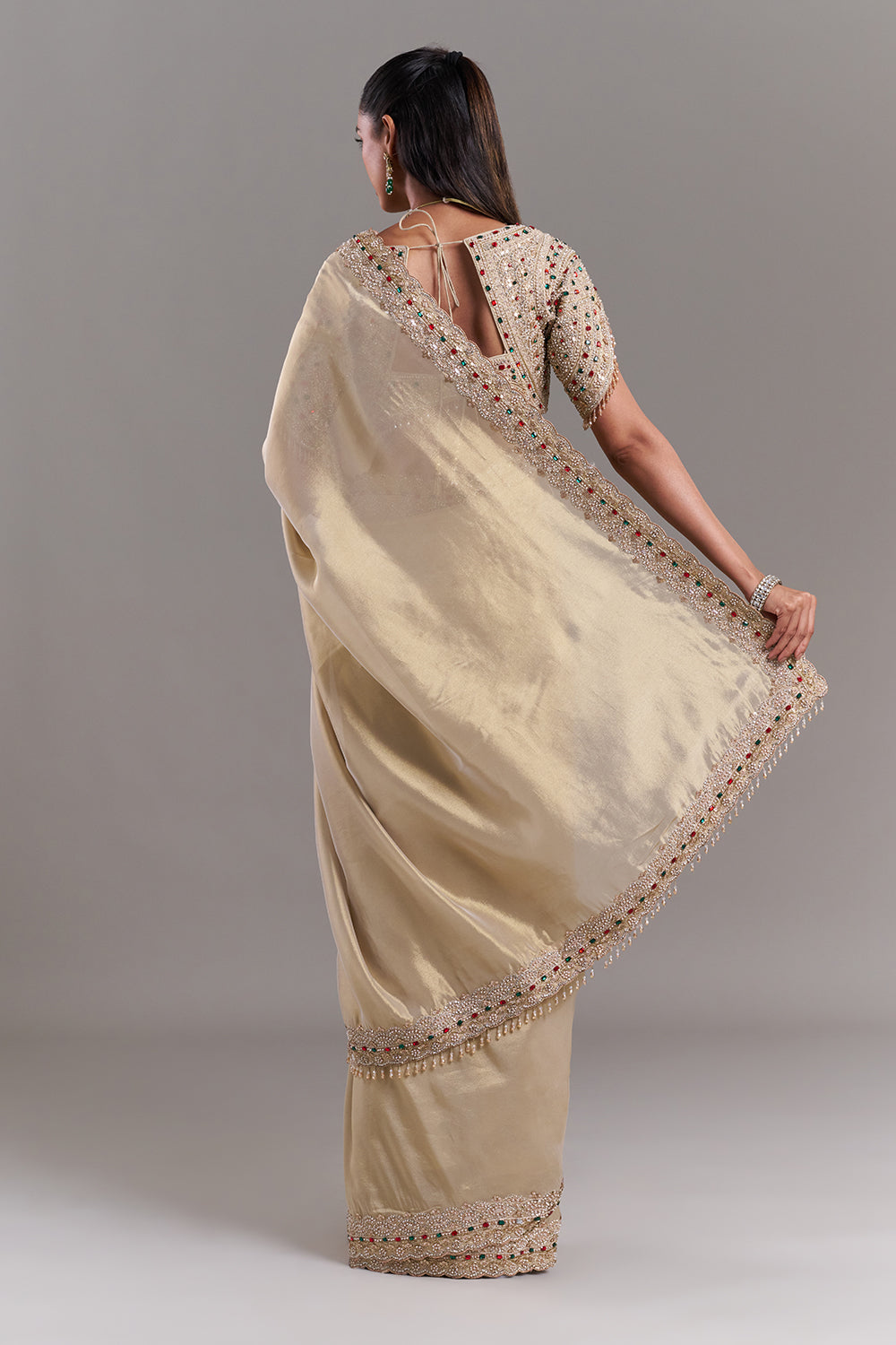 Gold Shimmer Organza Saree with Stitched Blouse