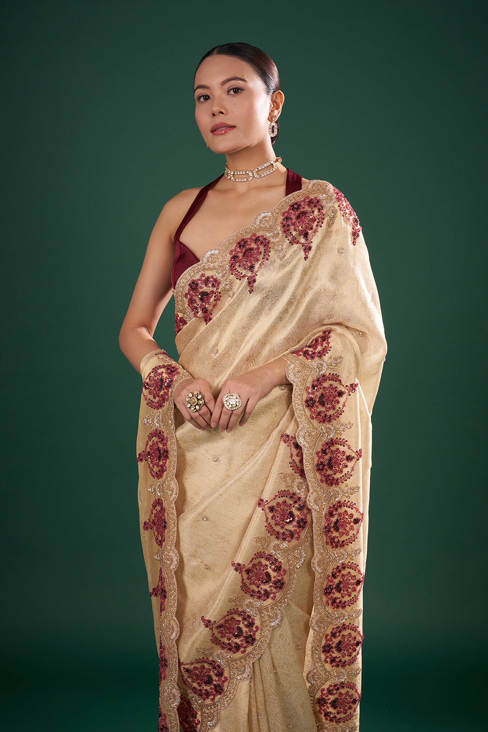 Gold Silk Saree with Maroon Bead Embroidery and Unstitched Blouse