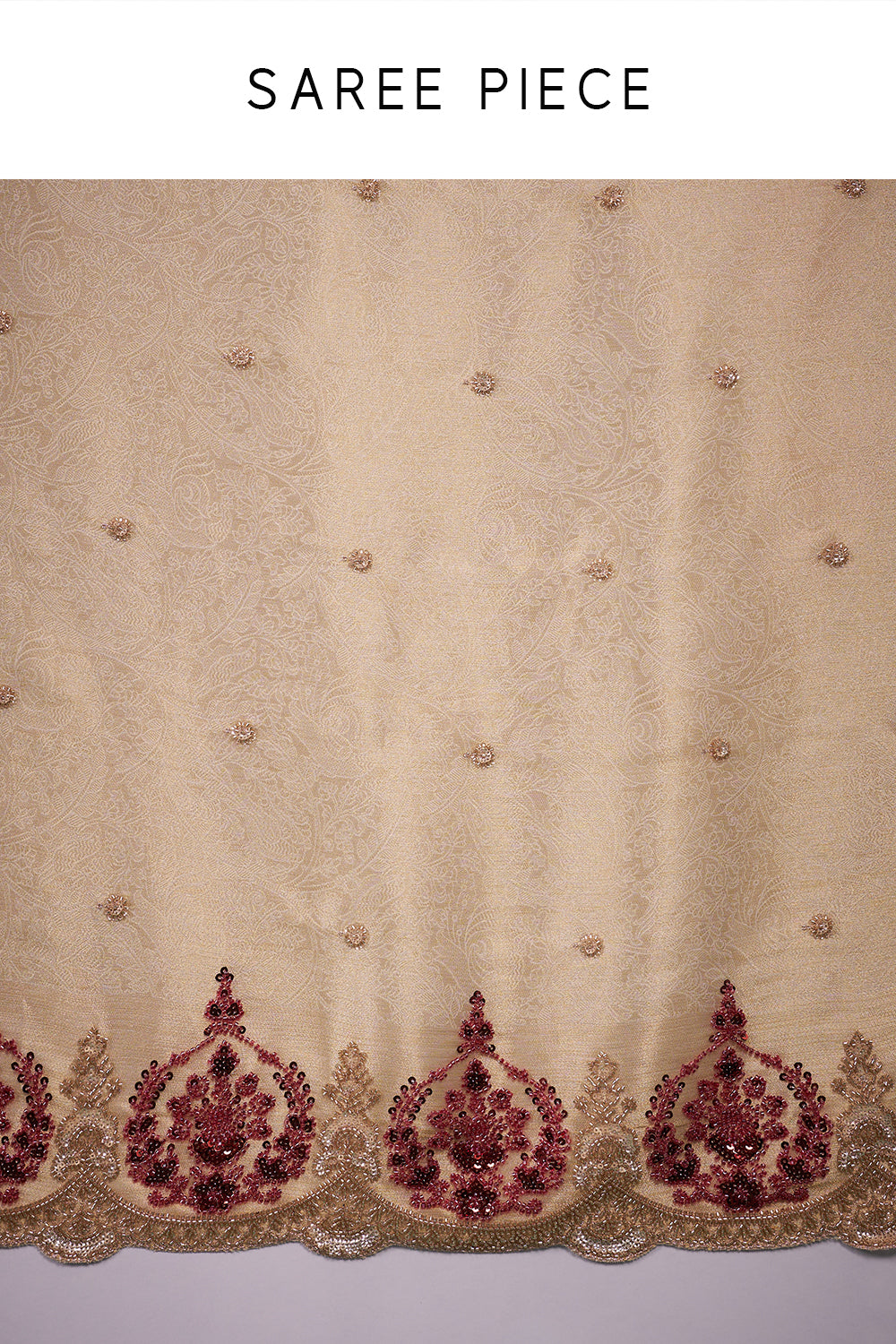 Gold Silk Saree with Maroon Bead Embroidery and Unstitched Blouse