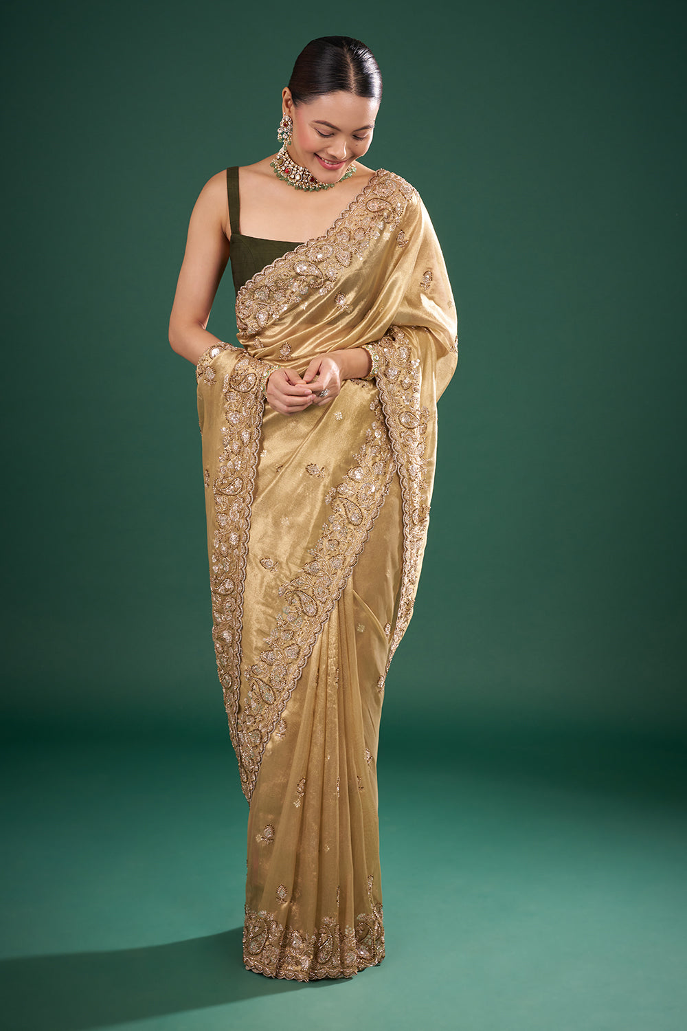 Gold Silk Saree with Embellished Border and Unstitched Blouse