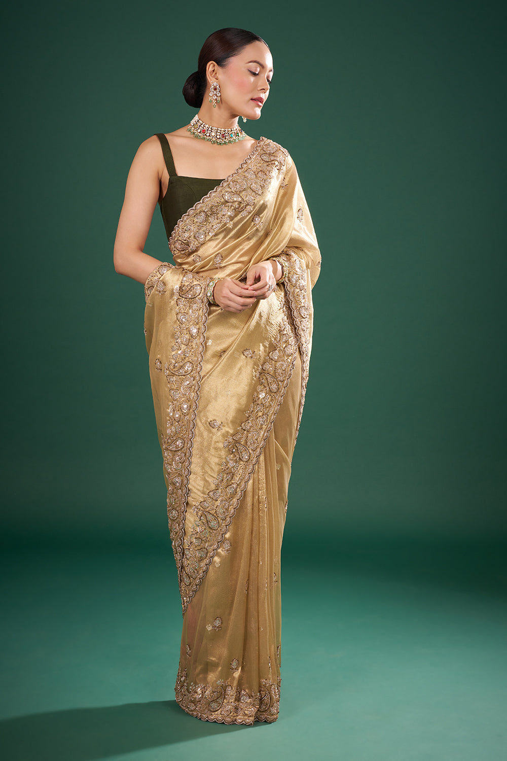 Gold Silk Saree with Embellished Border and Unstitched Blouse