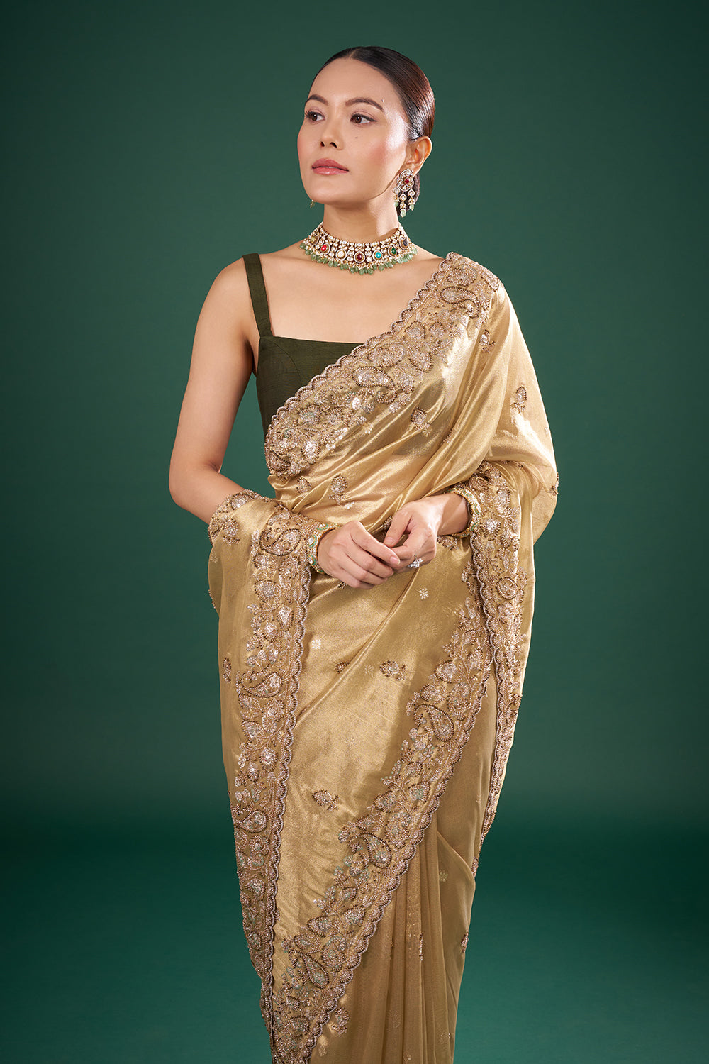 Gold Silk Saree with Embellished Border and Unstitched Blouse