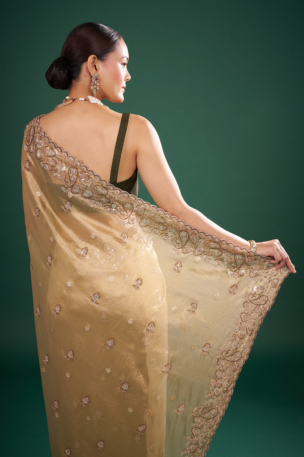 Gold Silk Saree with Embellished Border and Unstitched Blouse