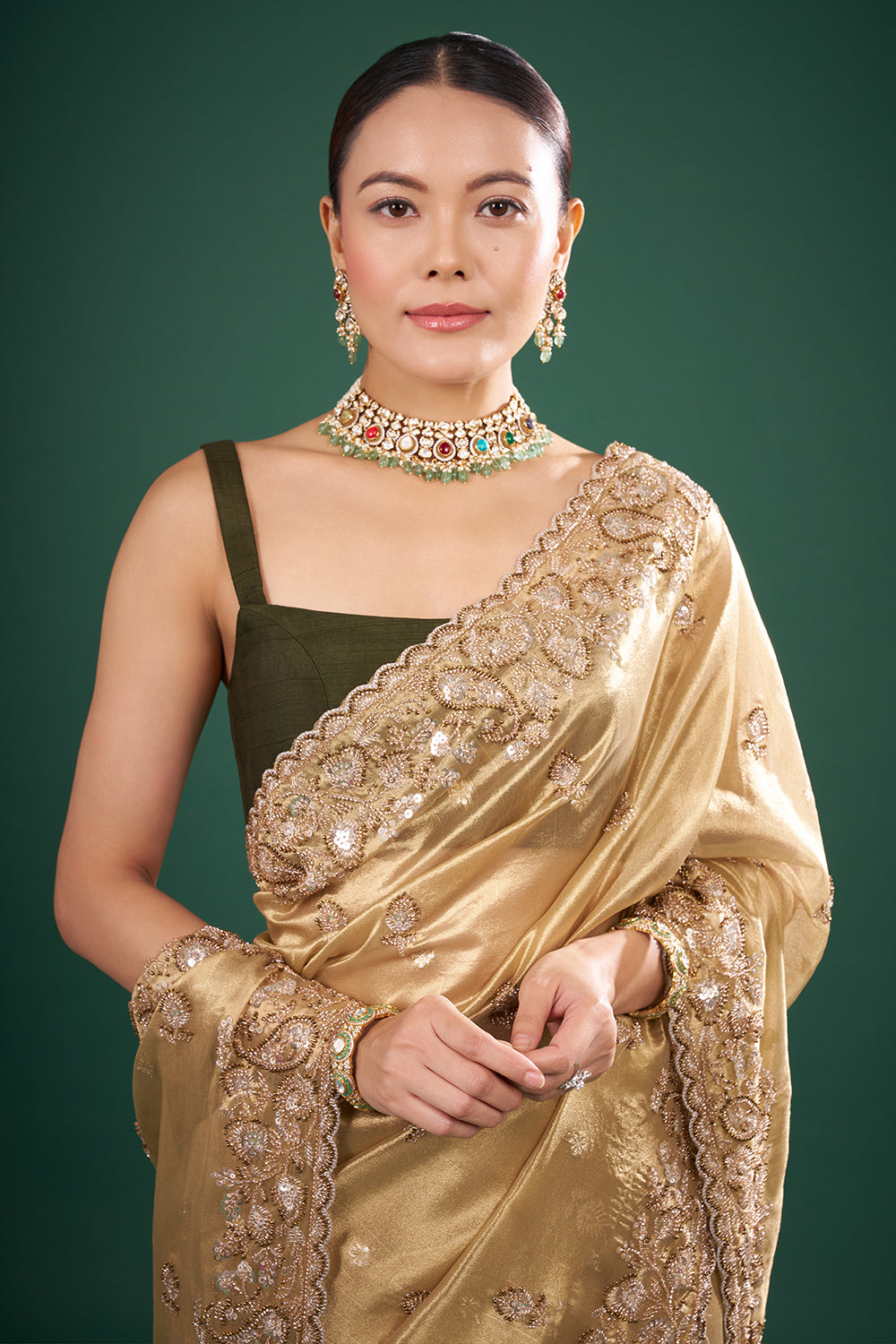 Gold Silk Saree with Embellished Border and Unstitched Blouse