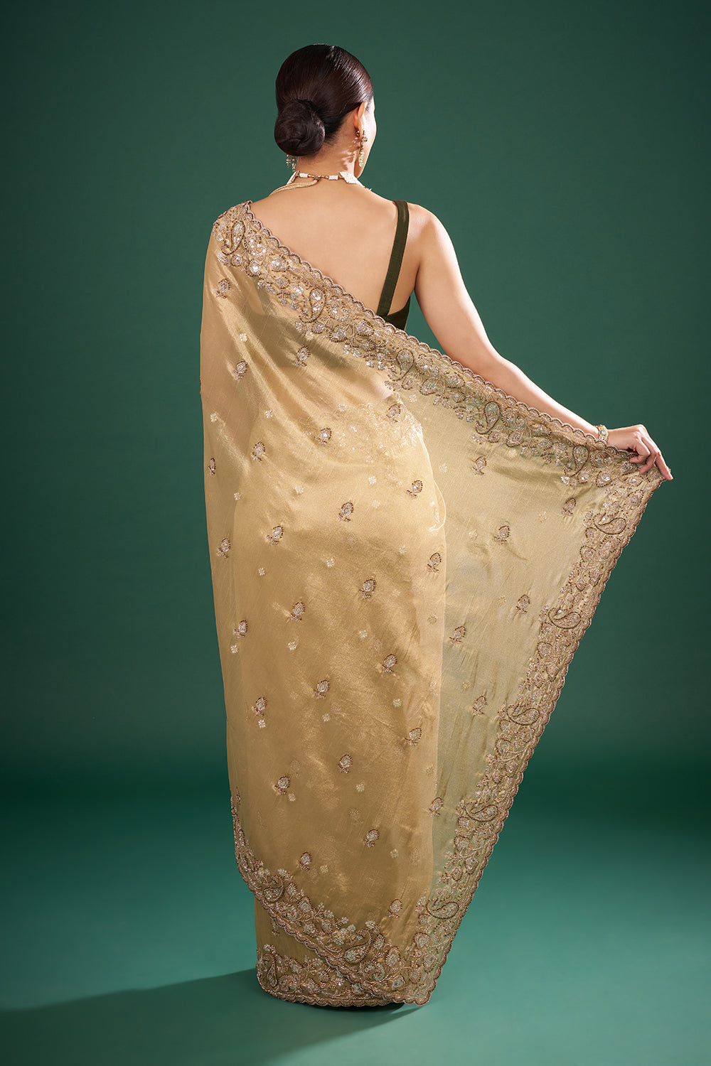Gold Silk Saree with Embellished Border and Unstitched Blouse