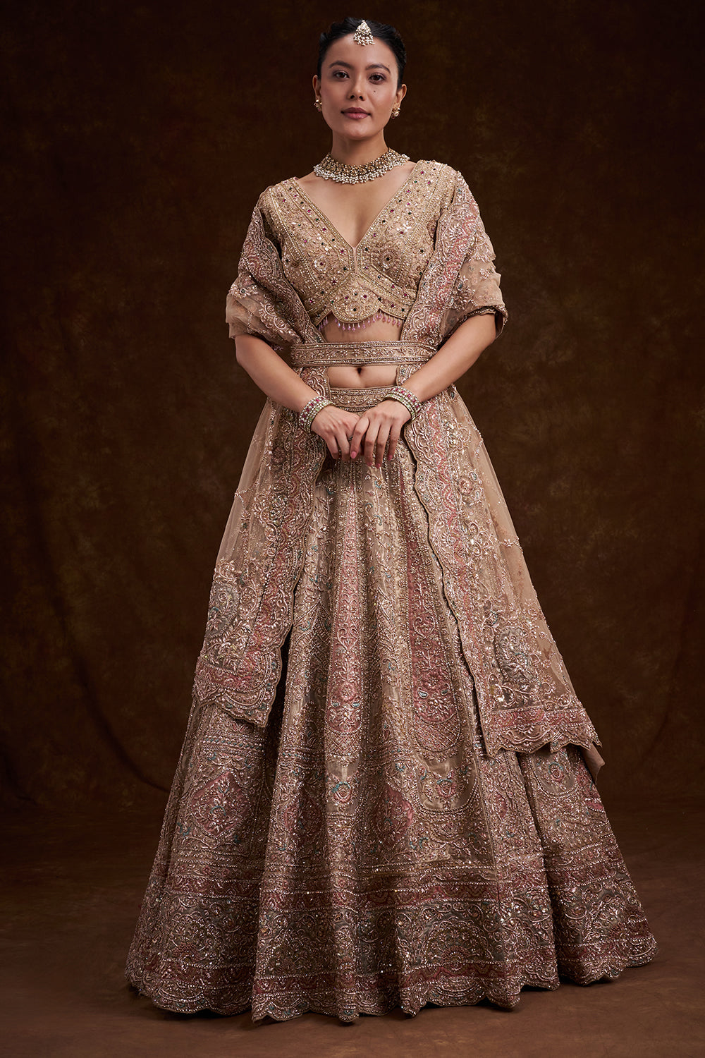 Gold Tissue Silk Bridal Lehenga with Cutdana Work and Unstitched Blouse