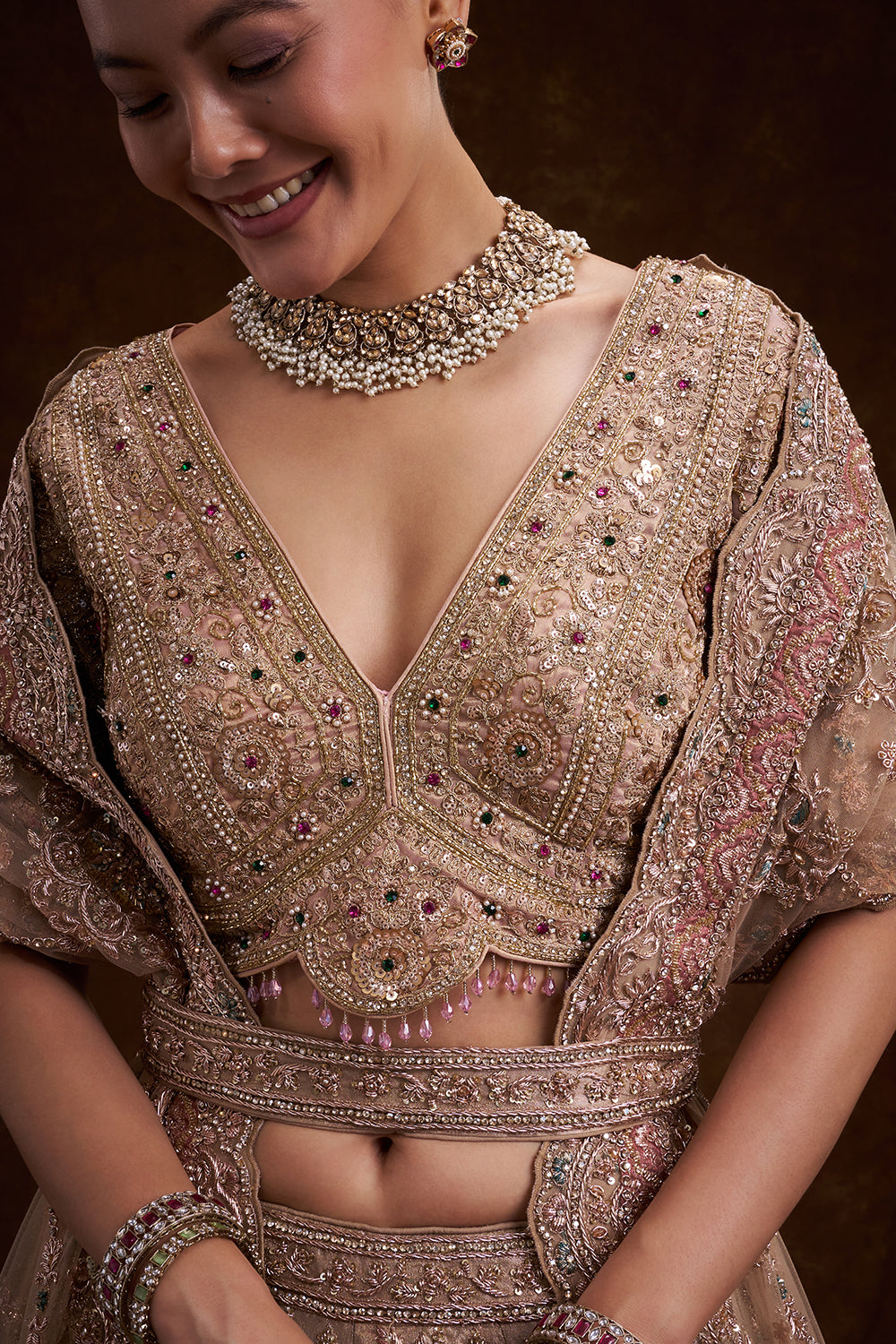 Gold Tissue Silk Bridal Lehenga with Cutdana Work and Unstitched Blouse