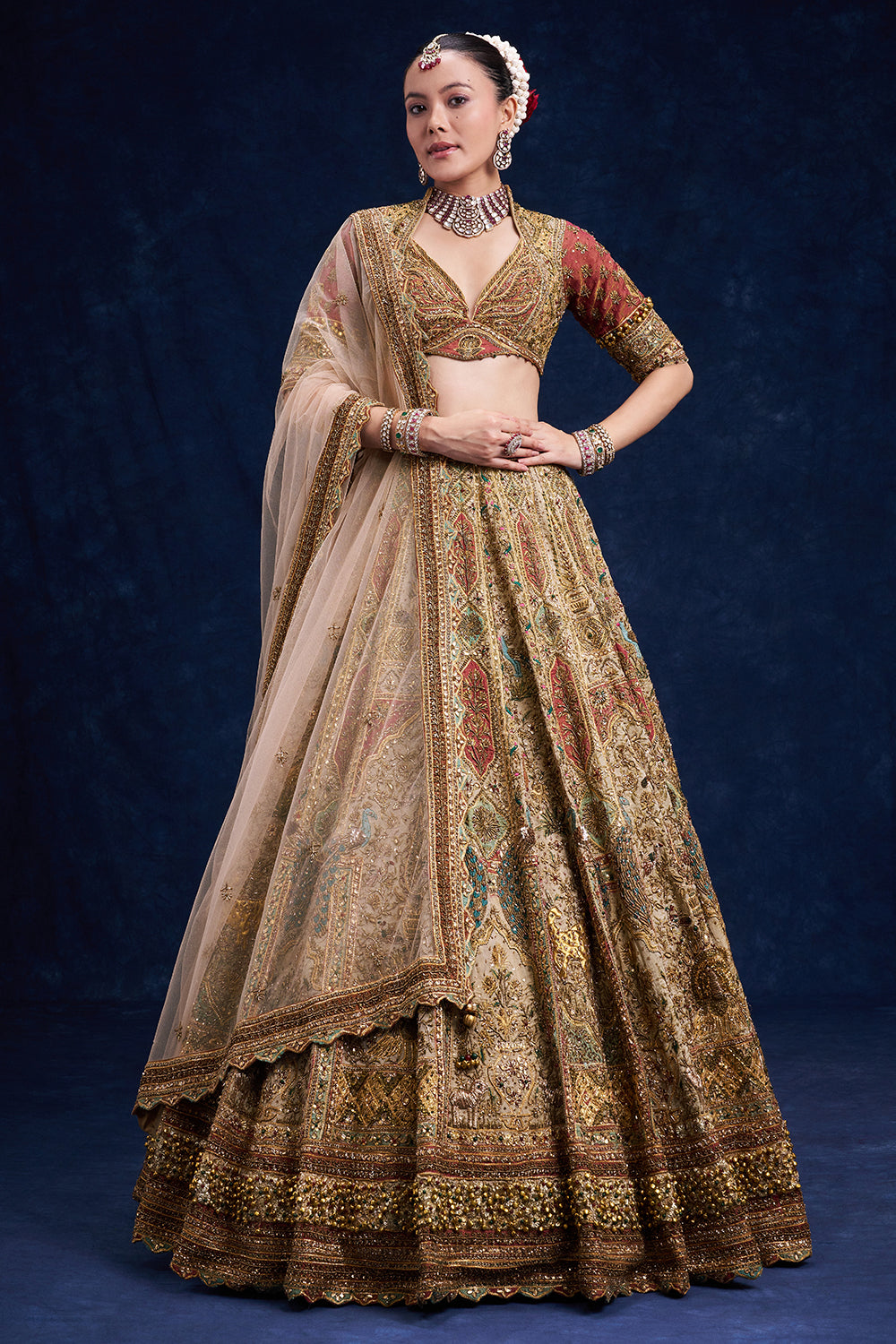 Gold Tissue Silk Bridal Lehenga with Ornate Zardozi Work