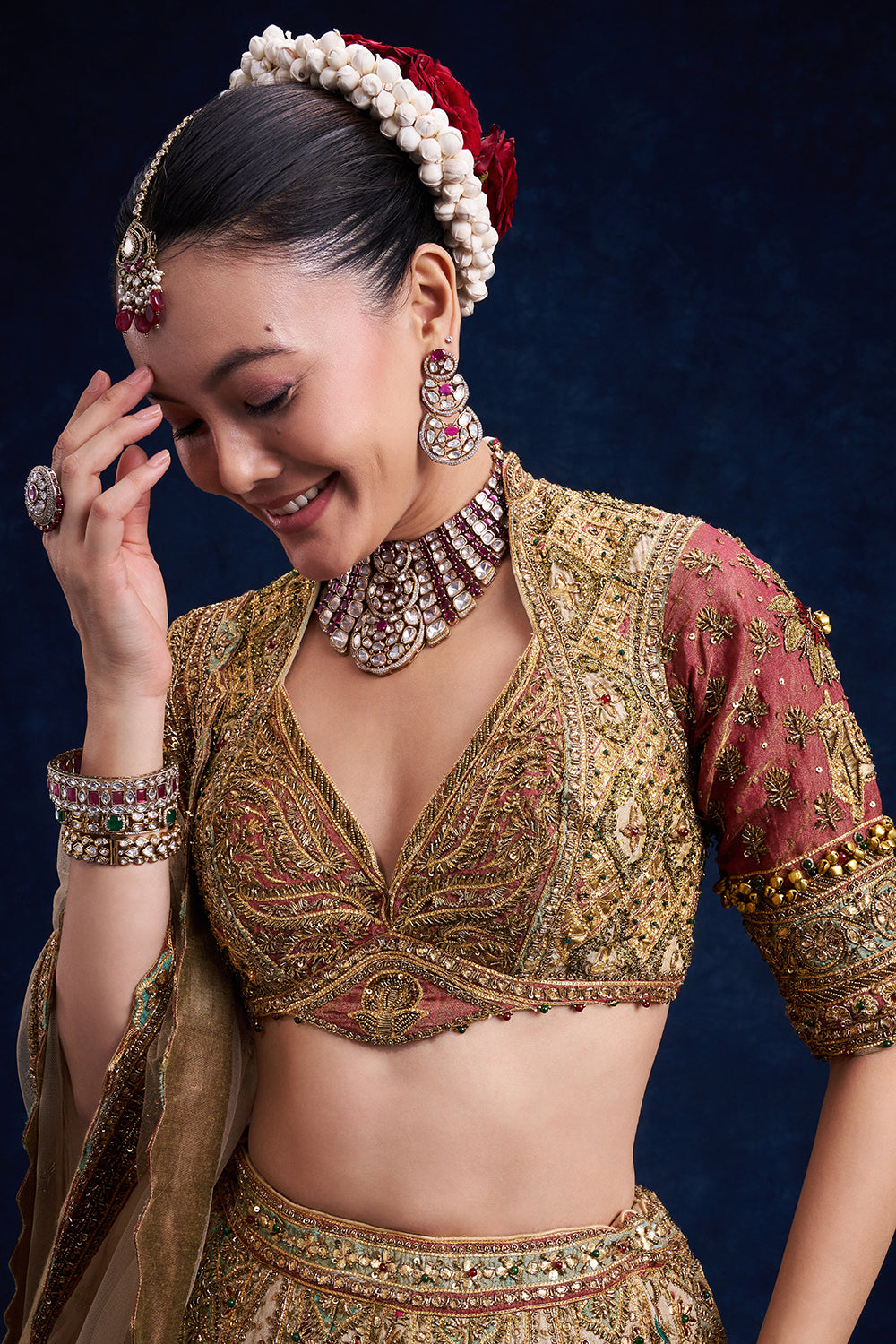 Gold Tissue Silk Bridal Lehenga with Ornate Zardozi Work