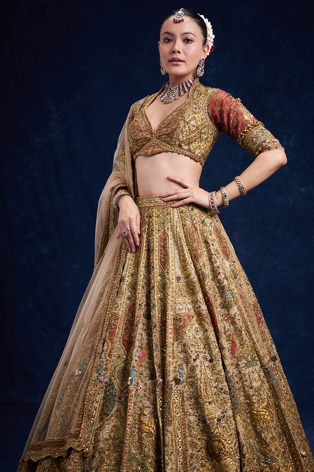 Gold Tissue Silk Bridal Lehenga with Ornate Zardozi Work