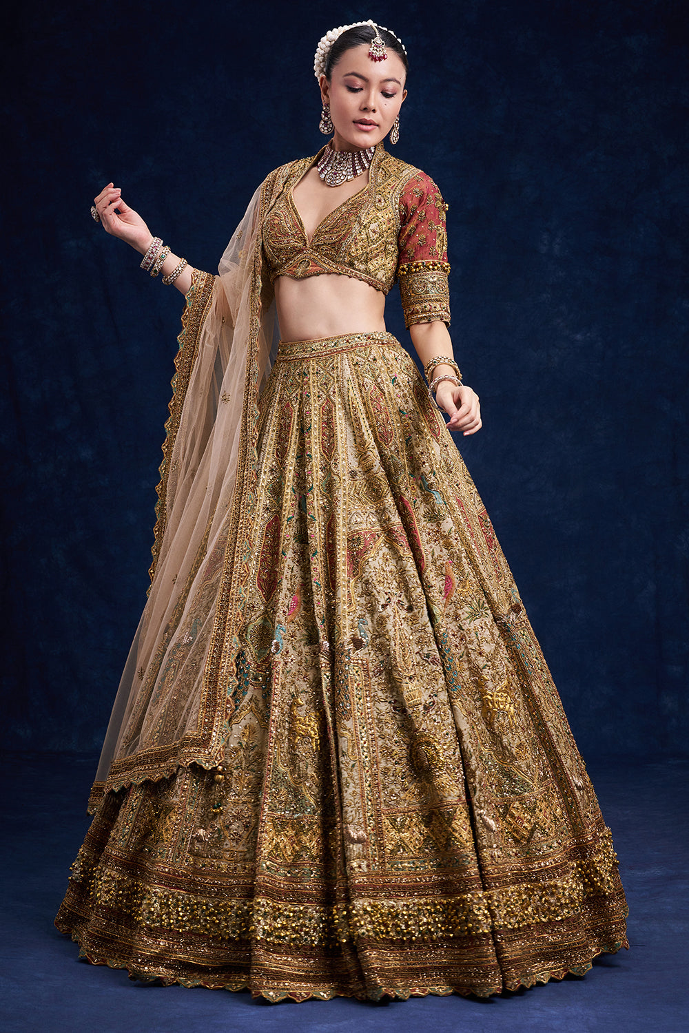 Gold Tissue Silk Bridal Lehenga with Ornate Zardozi Work