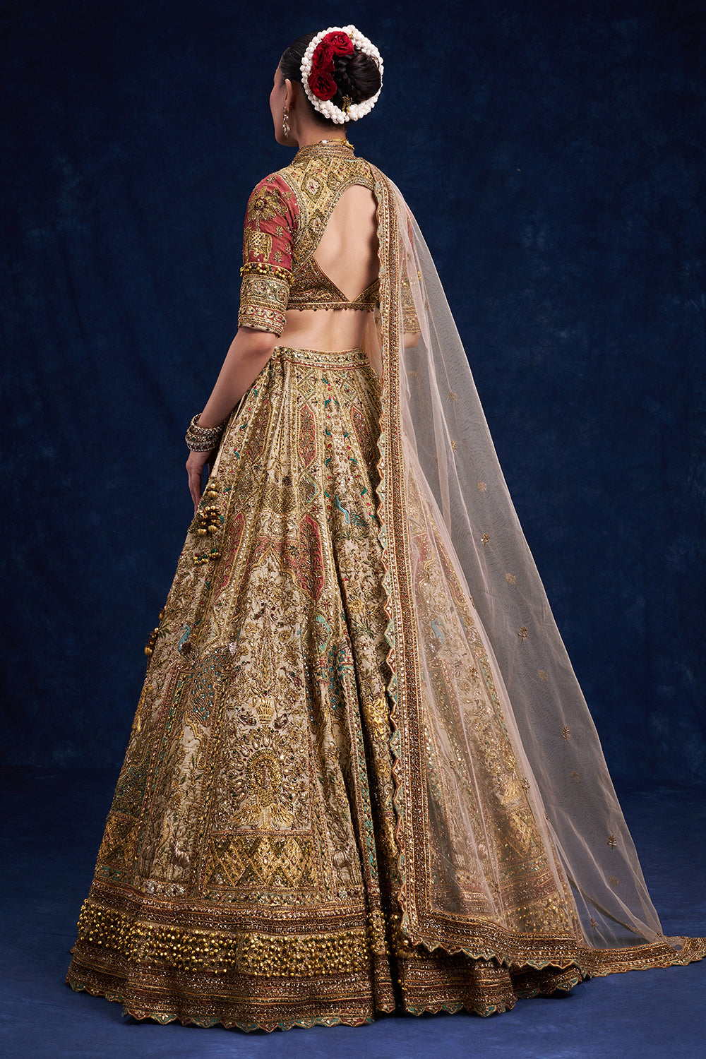 Gold Tissue Silk Bridal Lehenga with Ornate Zardozi Work