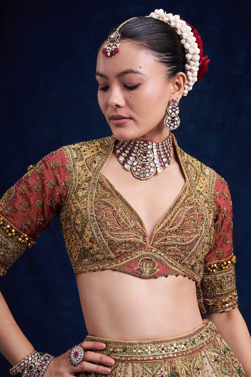 Gold Tissue Silk Bridal Lehenga with Ornate Zardozi Work