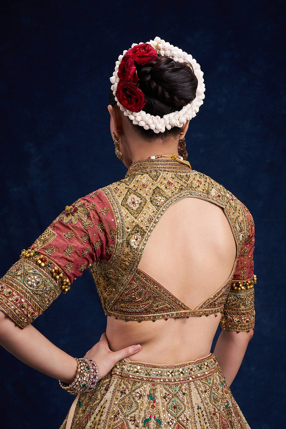Gold Tissue Silk Bridal Lehenga with Ornate Zardozi Work