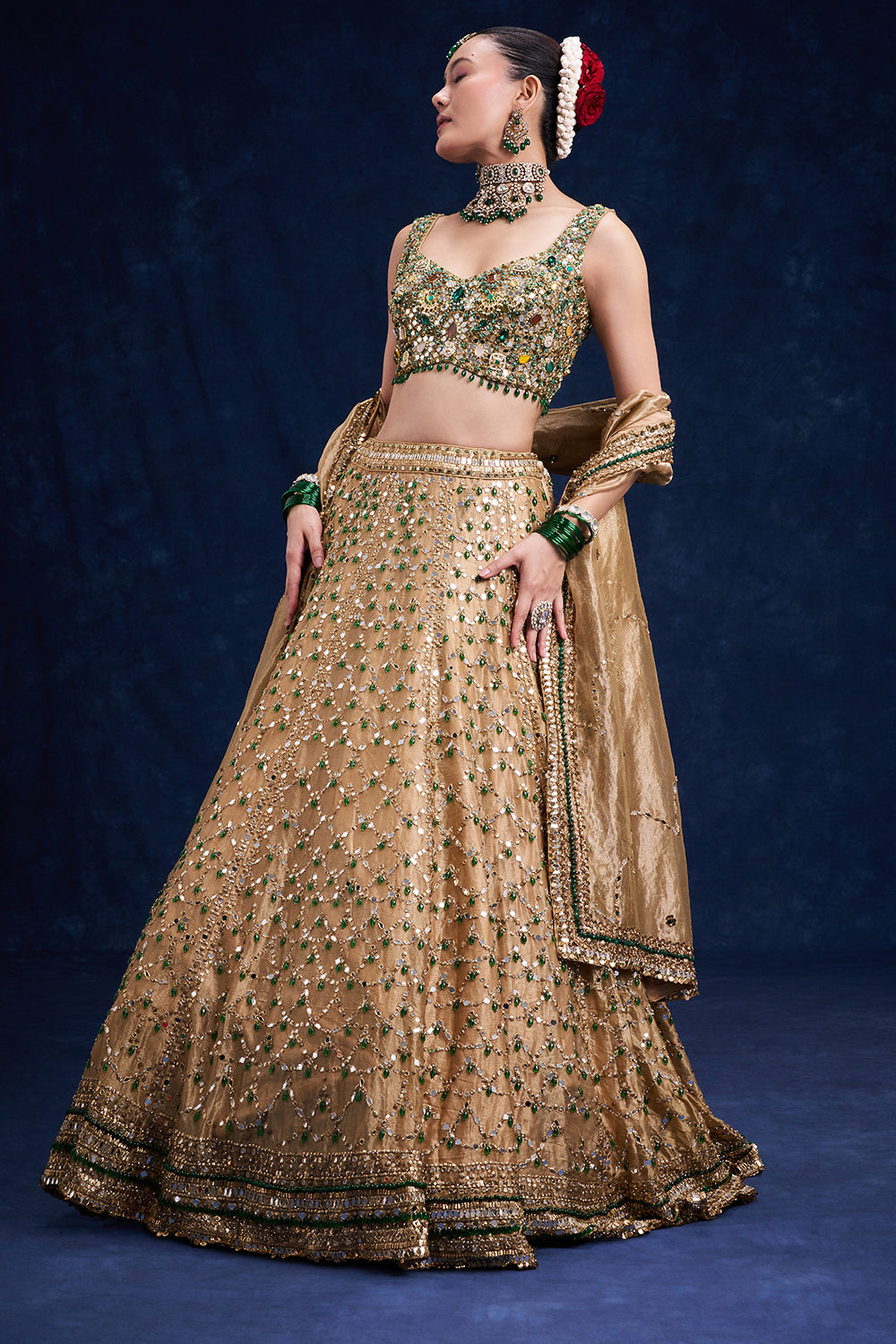 Gold Tissue Silk Bridal Lehenga with Stone Work
