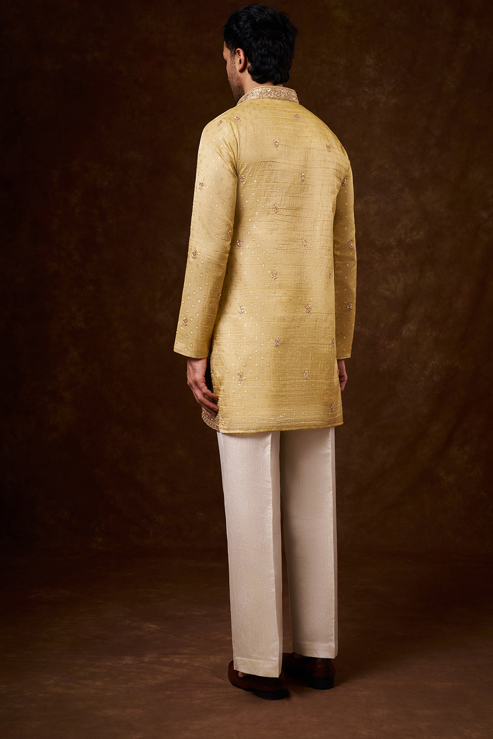 Gold Tissue Silk Men's Kurta Set with Cutdana Work