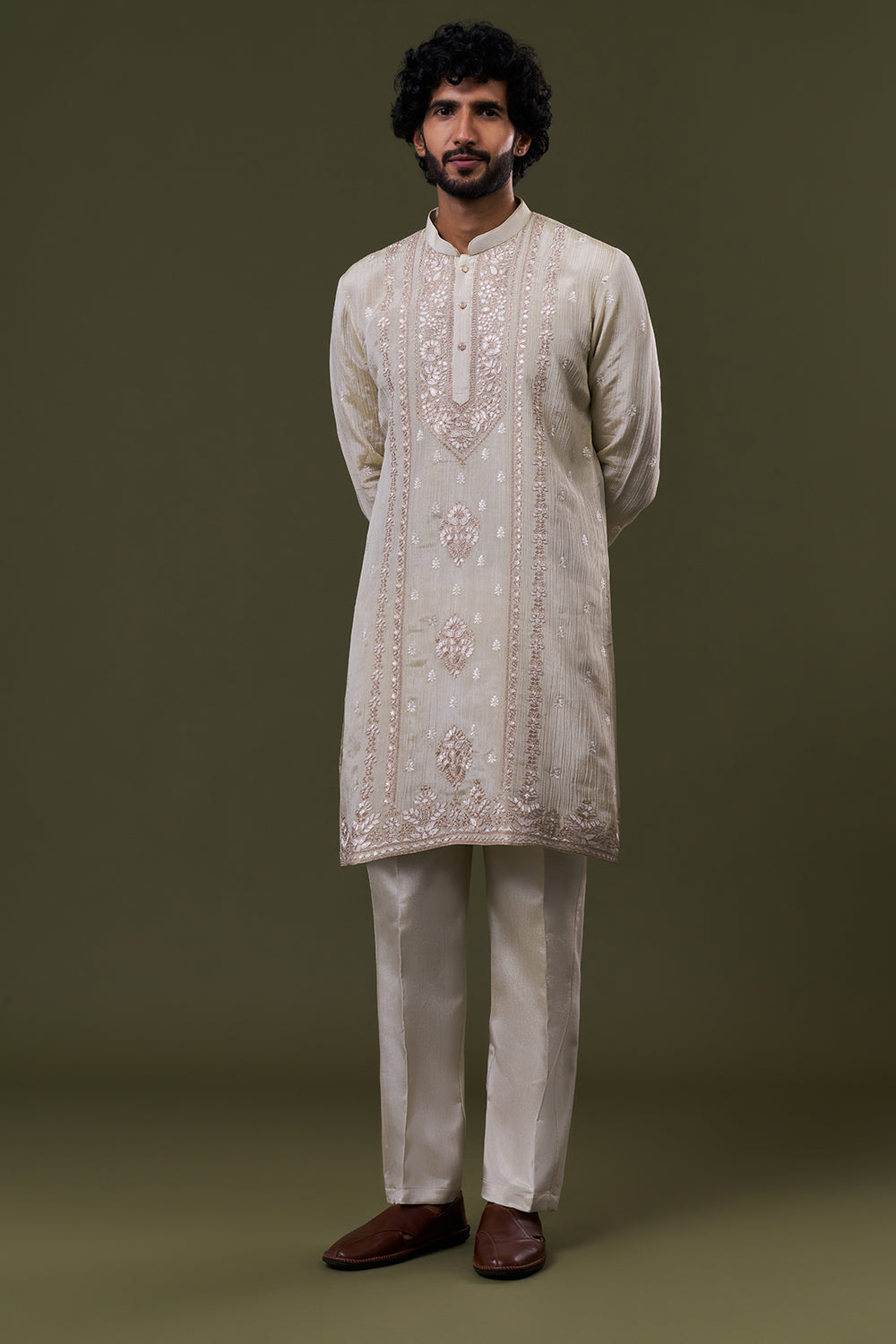 Gold Tissue Silk Resham Embellished Festive Kurta Set