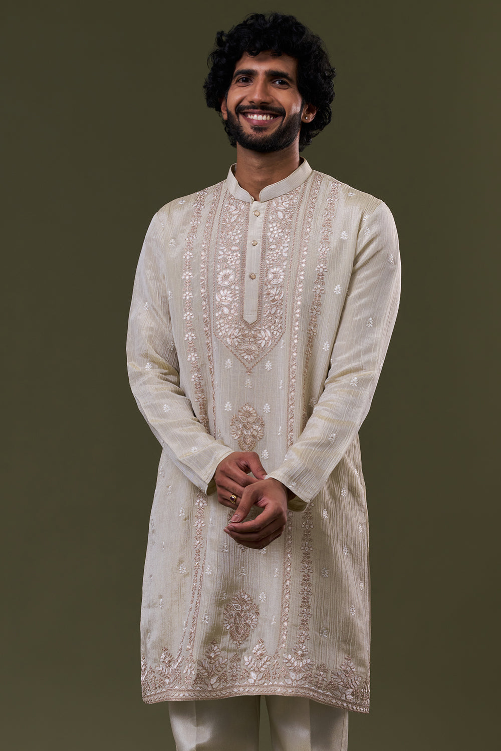 Gold Tissue Silk Resham Embellished Festive Kurta Set