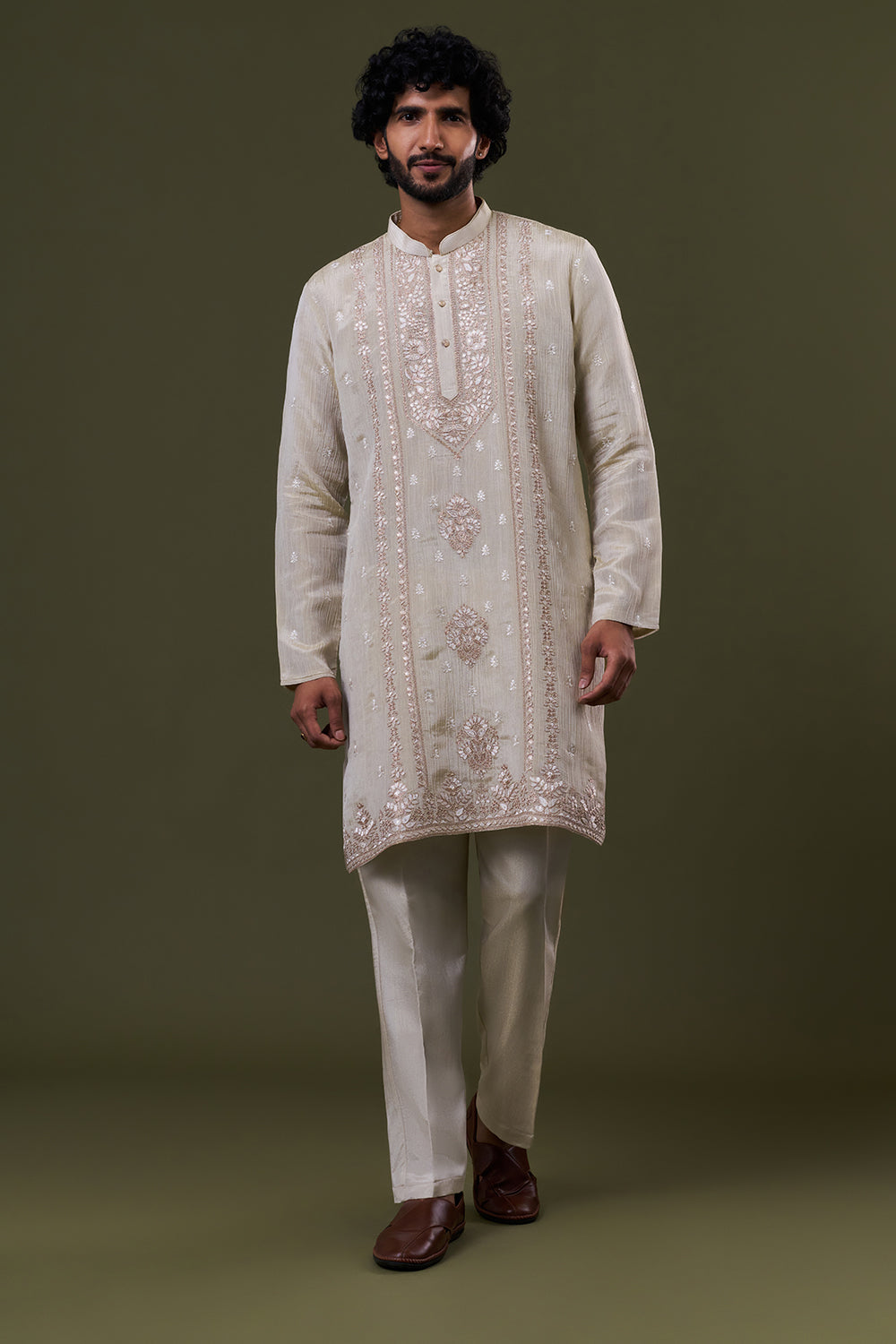 Gold Tissue Silk Resham Embellished Festive Kurta Set
