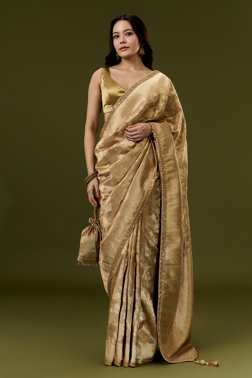 Golden Banarasi Silk Woven Saree with Sequin and Zari Embroidery