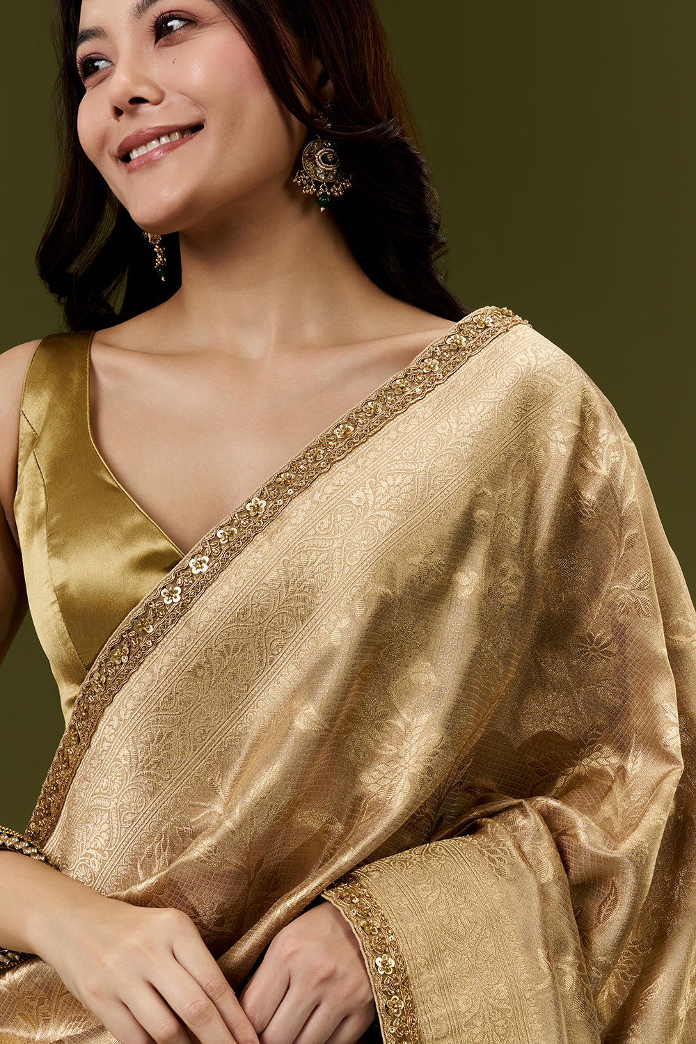 Golden Banarasi Silk Woven Saree with Sequin and Zari Embroidery