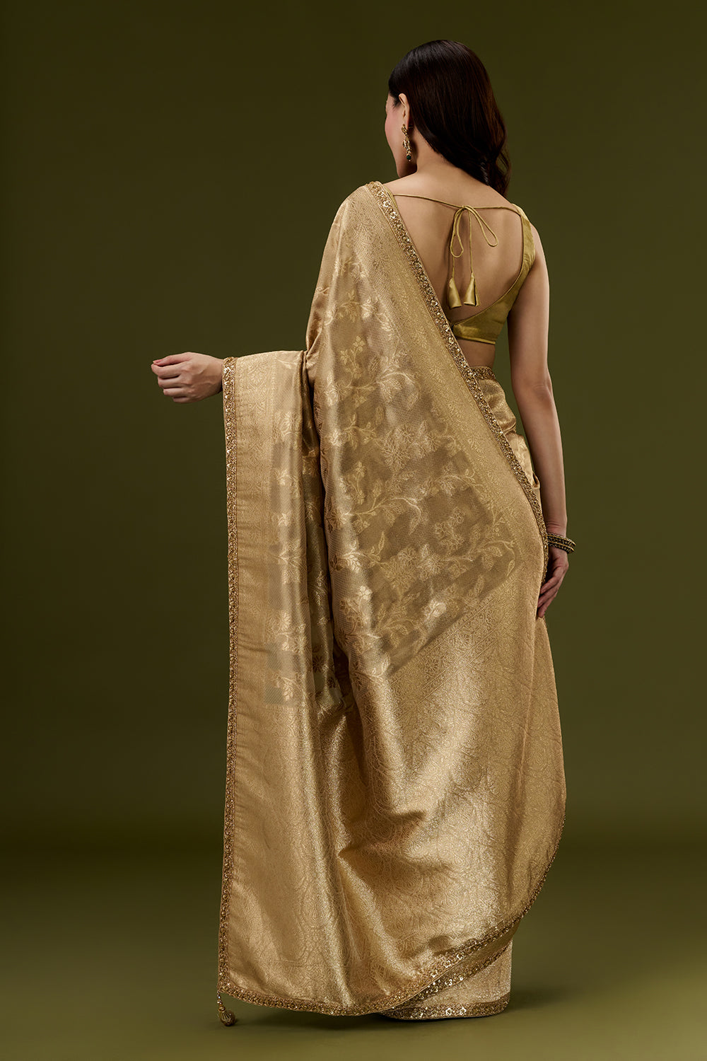Golden Banarasi Silk Woven Saree with Sequin and Zari Embroidery