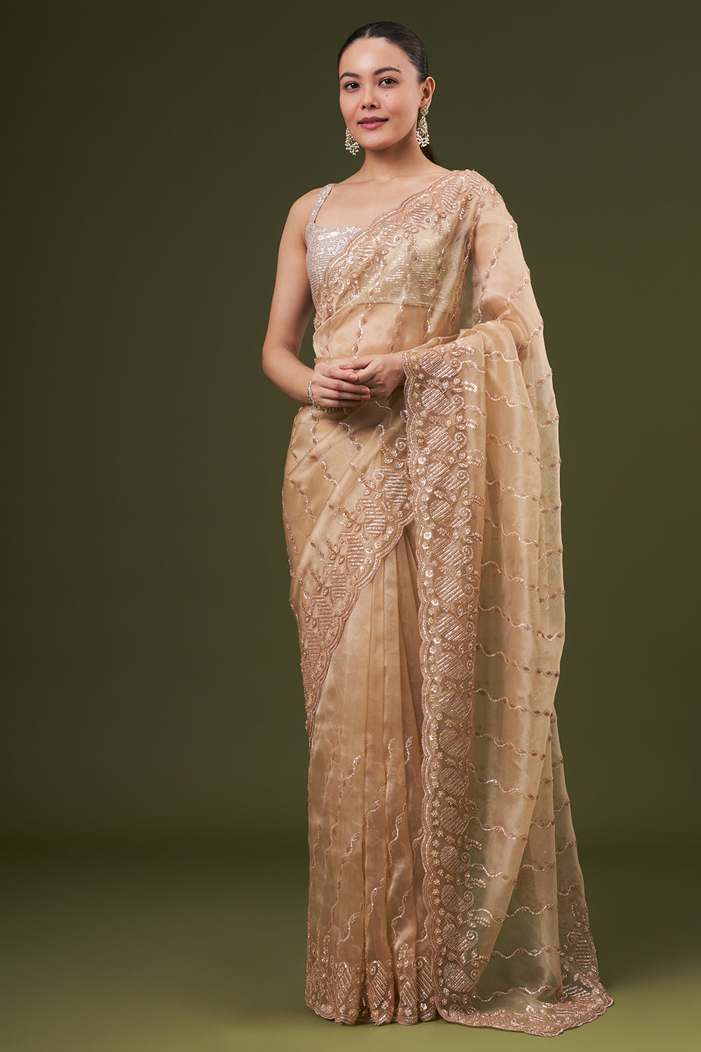 Golden Beige Organza Embroidered Saree with Sequin and Cutdana Work