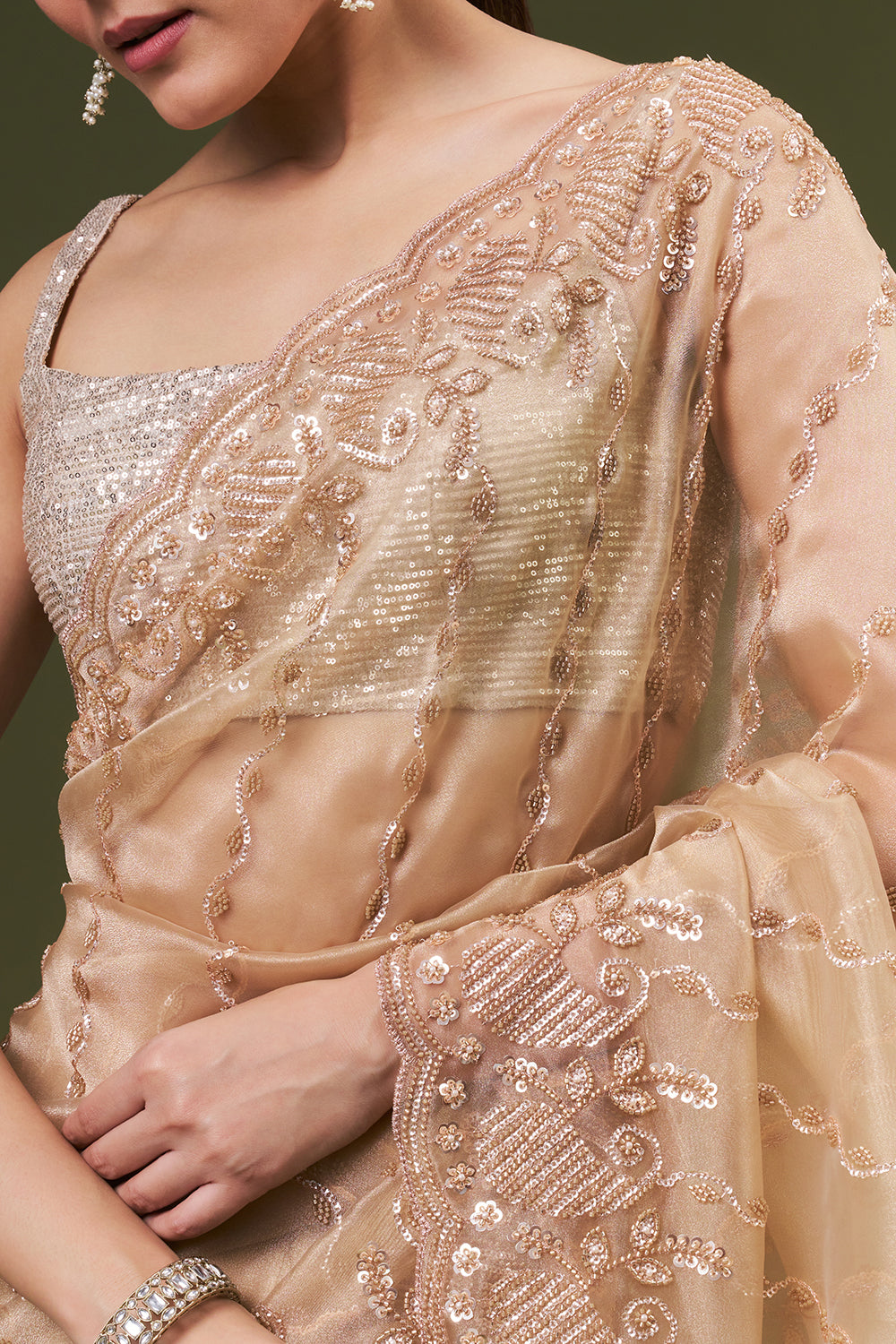 Golden Beige Organza Embroidered Saree with Sequin and Cutdana Work