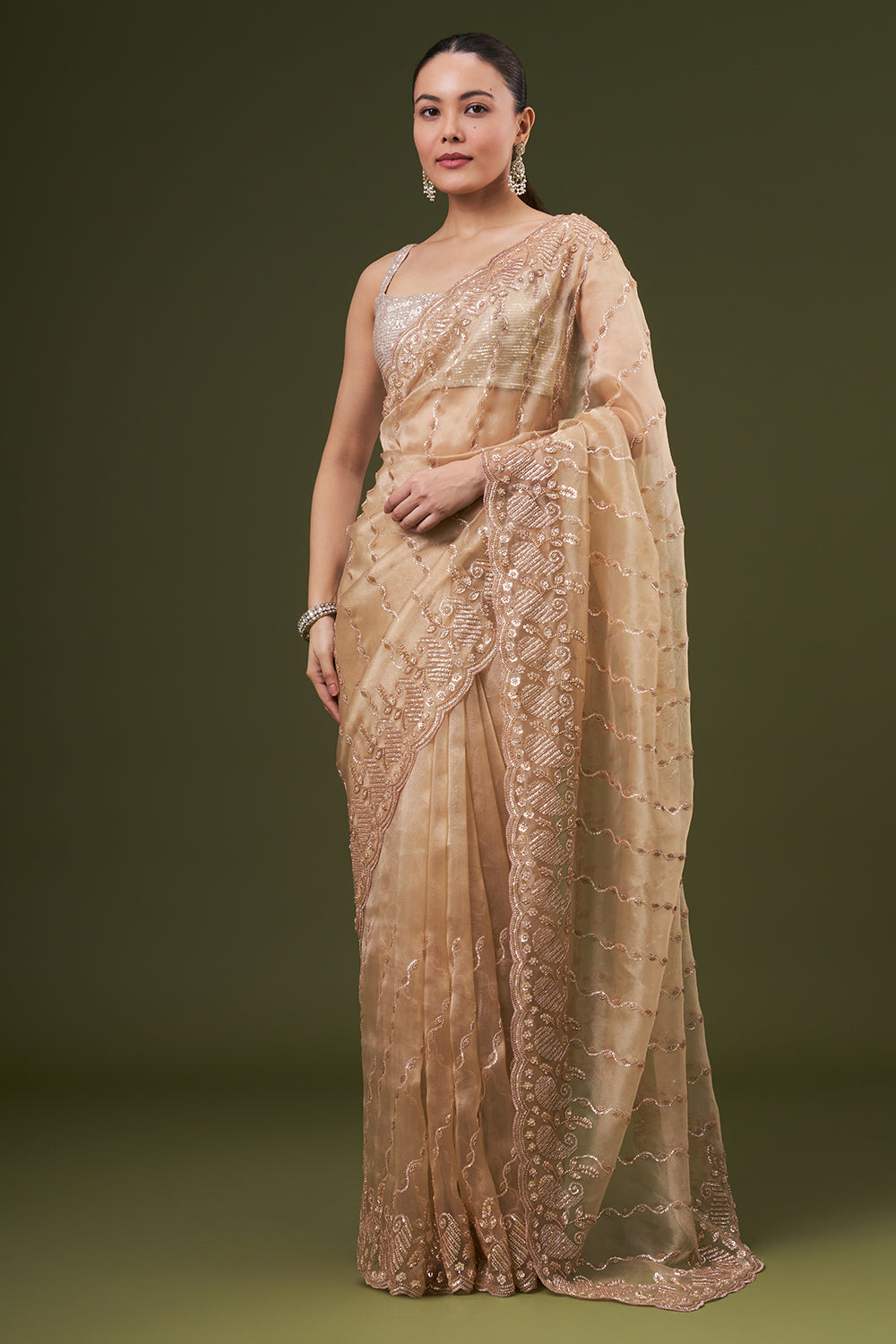 Golden Beige Organza Embroidered Saree with Sequin and Cutdana Work