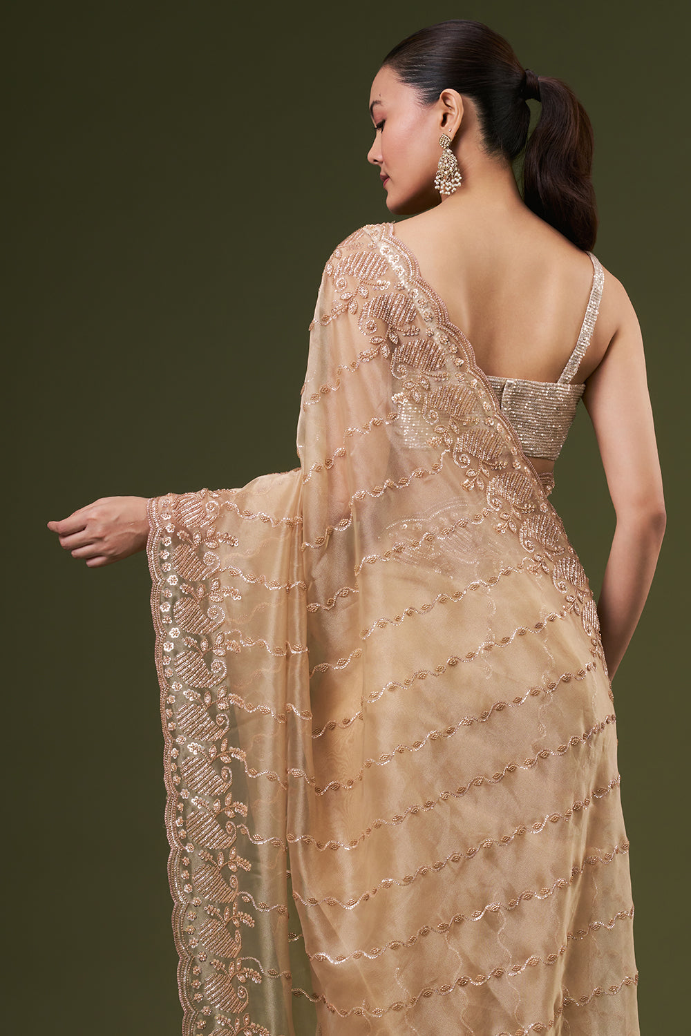 Golden Beige Organza Embroidered Saree with Sequin and Cutdana Work
