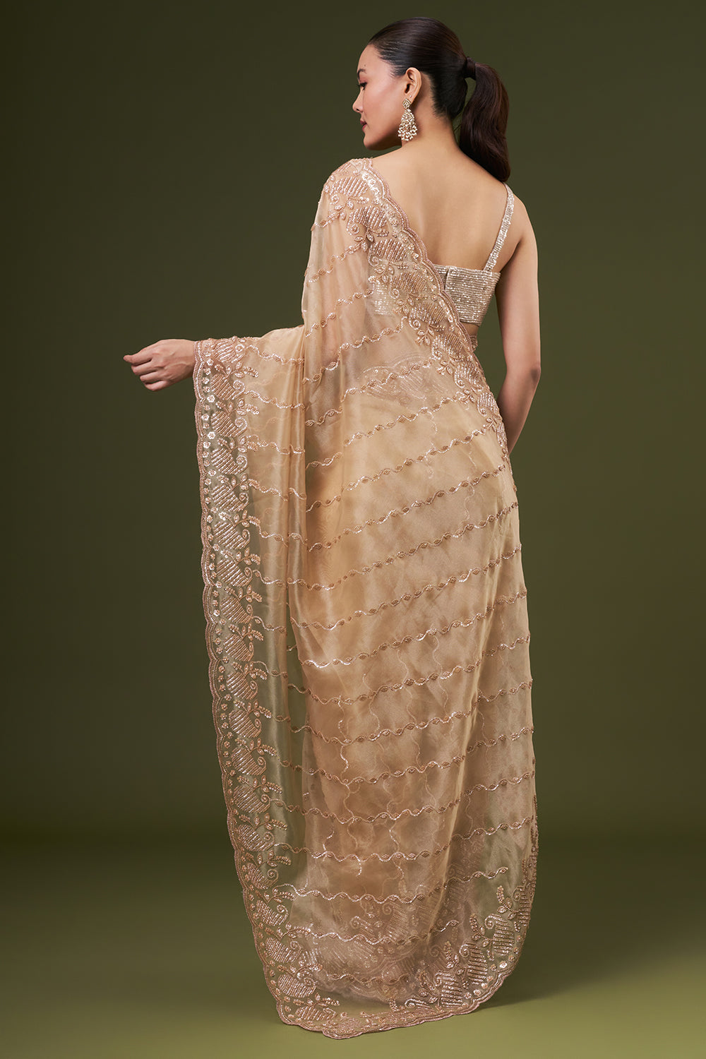 Golden Beige Organza Embroidered Saree with Sequin and Cutdana Work