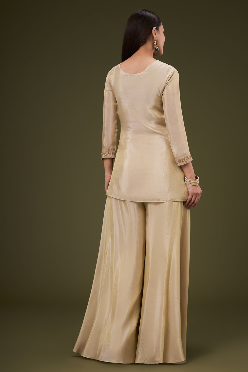 Golden Beige Tissue Palazzo Co ord Suit with Resham and Bead Work