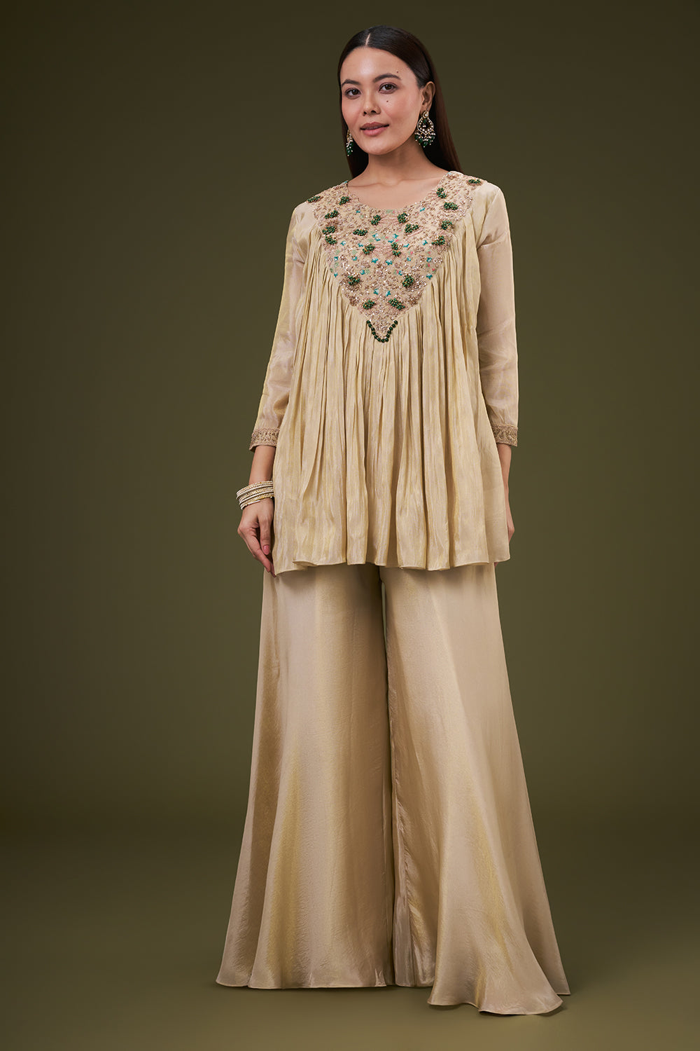 Golden Beige Tissue Palazzo Co ord Suit with Resham and Bead Work