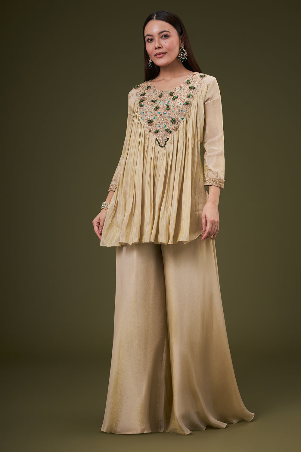 Golden Beige Tissue Palazzo Co ord Suit with Resham and Bead Work