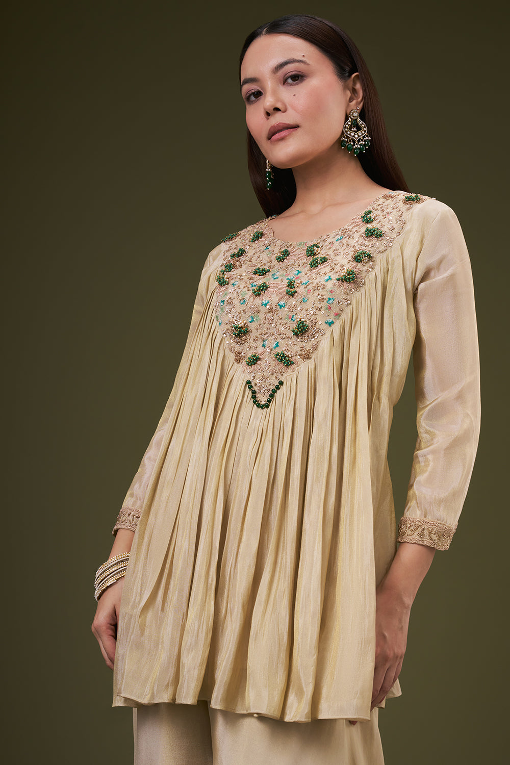 Golden Beige Tissue Palazzo Co ord Suit with Resham and Bead Work