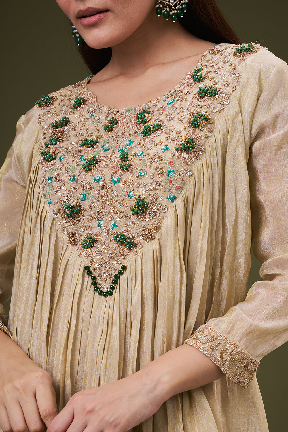 Golden Beige Tissue Palazzo Co ord Suit with Resham and Bead Work