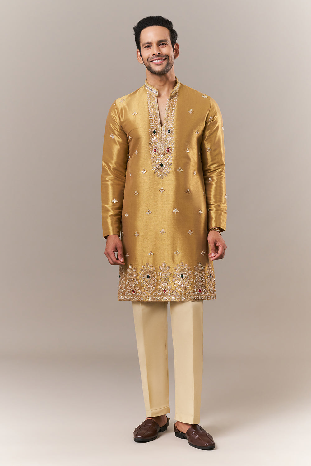 Golden Brocade Mens Kurta Set with Mirror and Moti Work