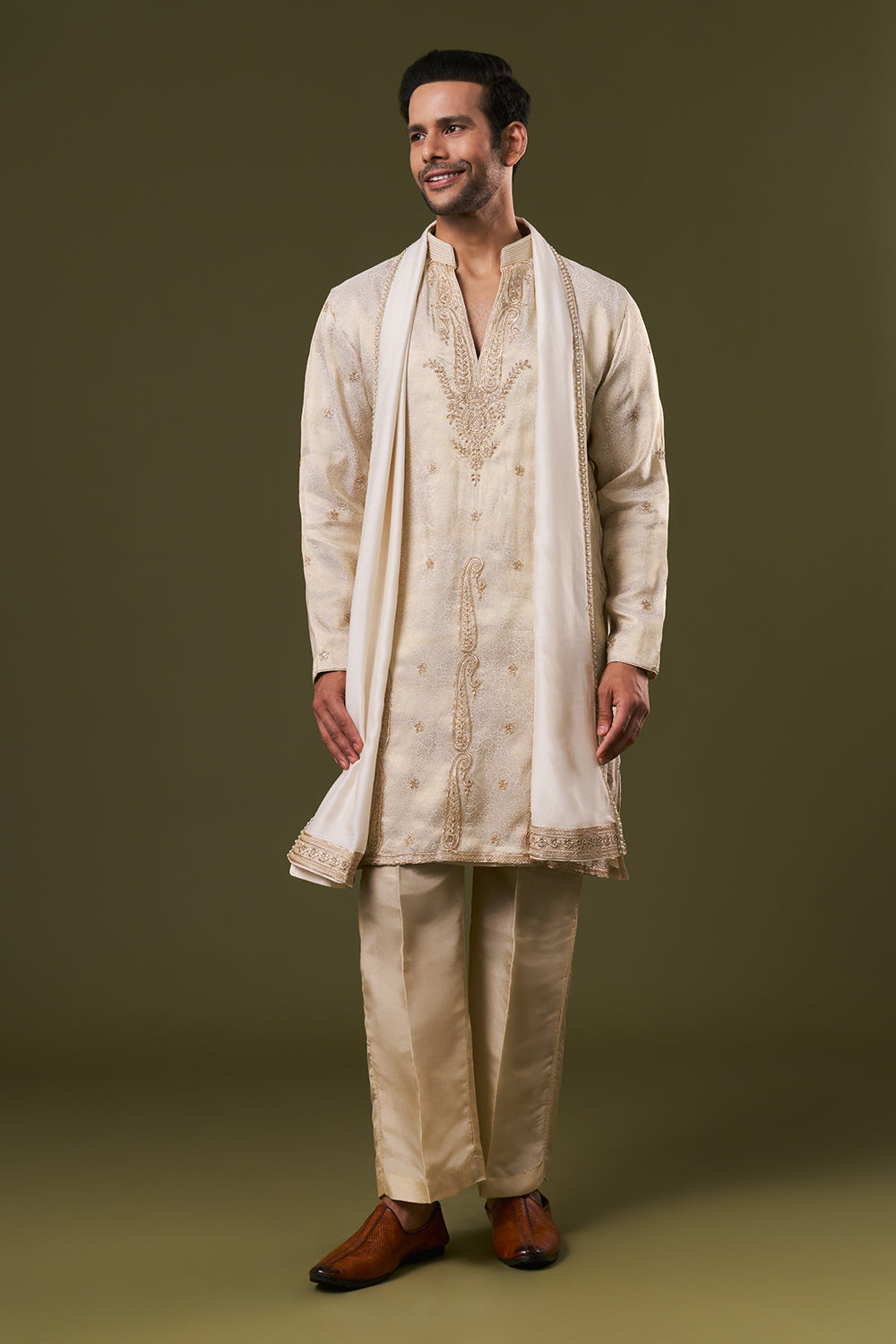 Golden Brocade Mens Kurta Set with Zardosi and Stone Embroidery