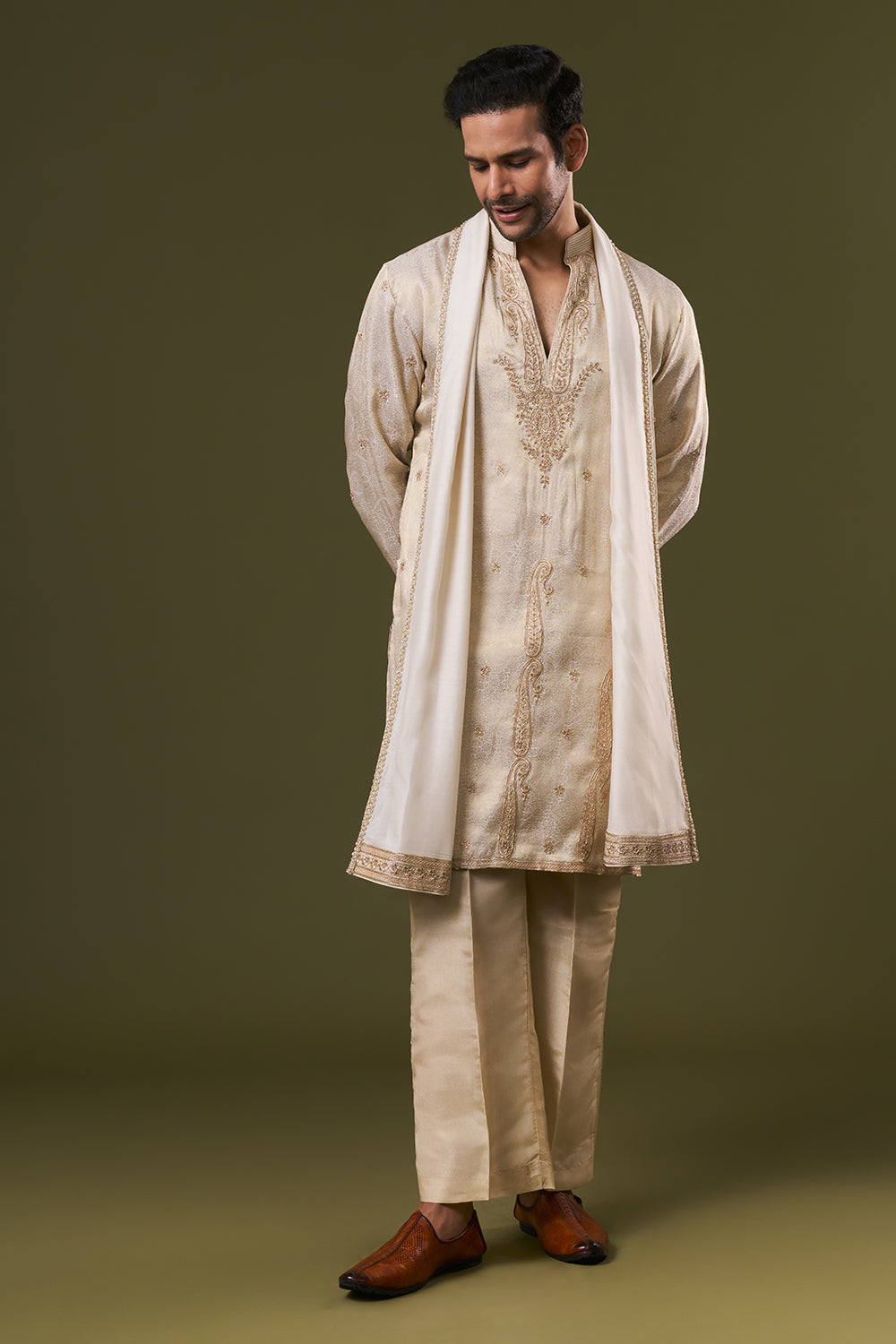 Golden Brocade Mens Kurta Set with Zardosi and Stone Embroidery