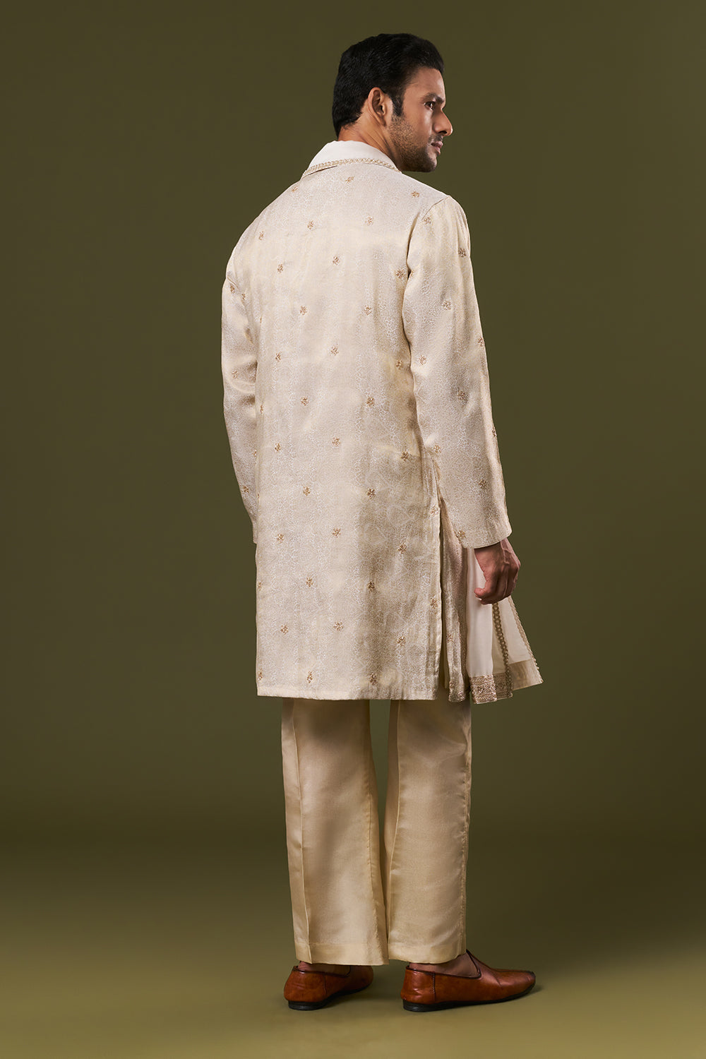 Golden Brocade Mens Kurta Set with Zardosi and Stone Embroidery