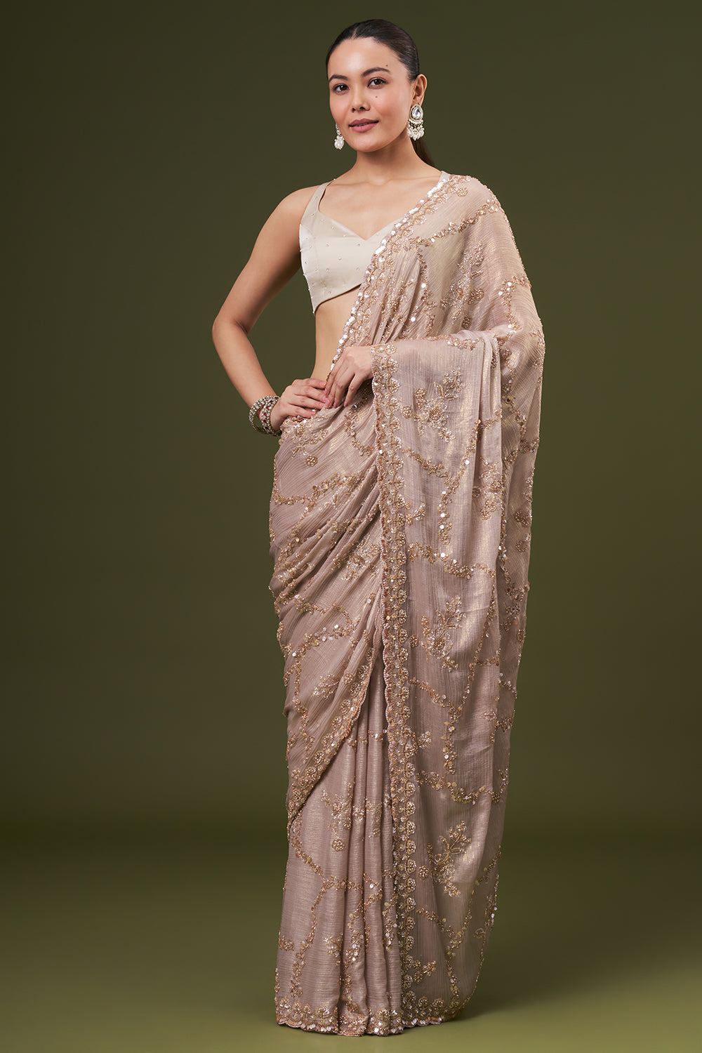 Golden Grey Crushed Tissue Embroidered Saree With Sequin Embroidery