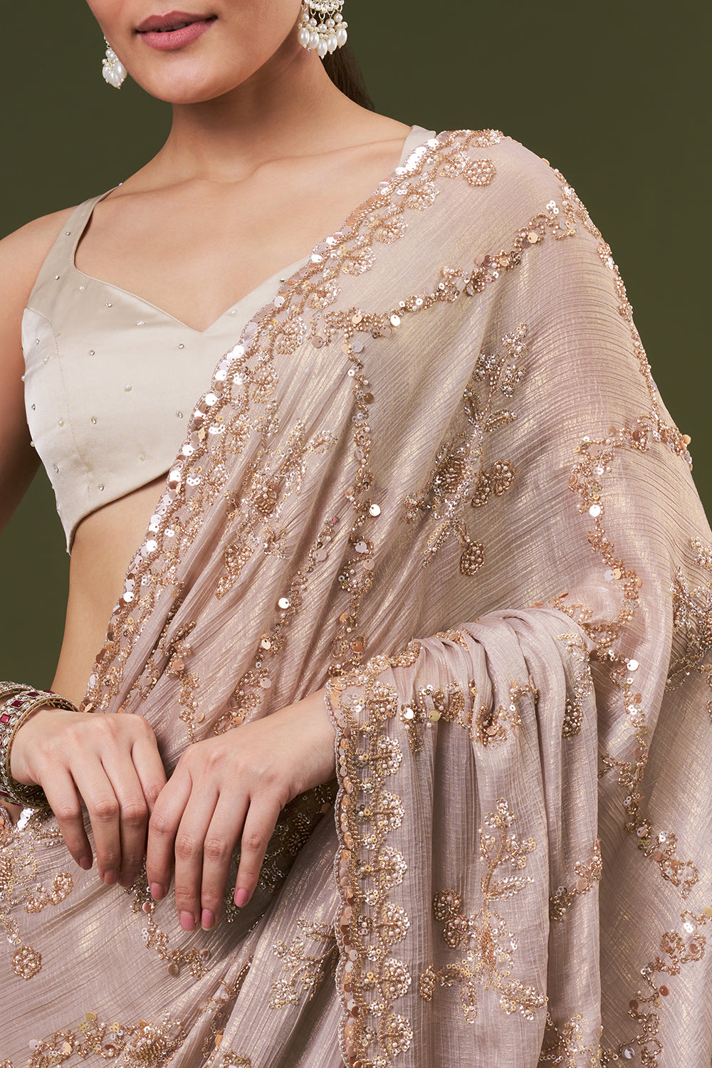 Golden Grey Crushed Tissue Embroidered Saree With Sequin Embroidery