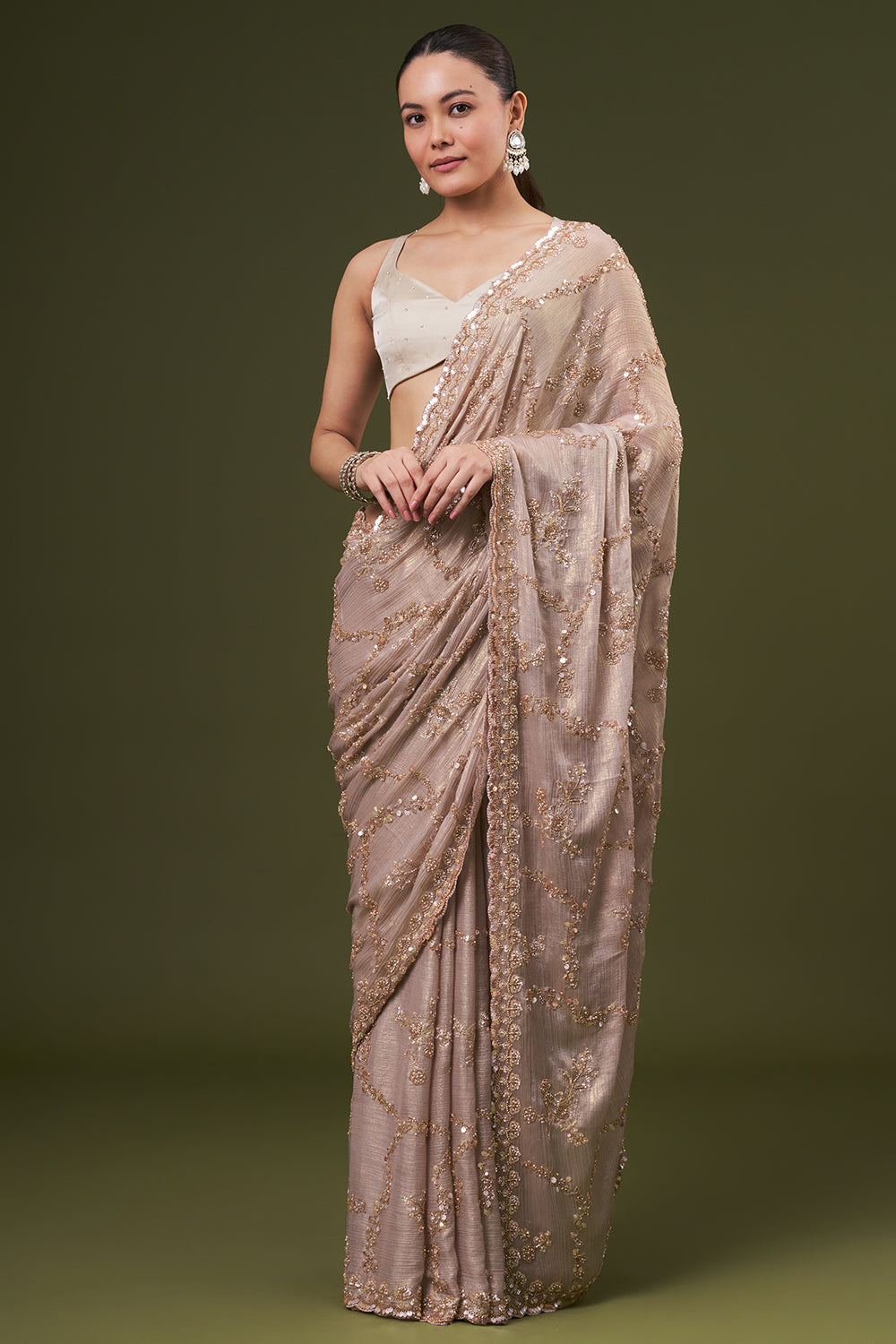 Golden Grey Crushed Tissue Embroidered Saree With Sequin Embroidery