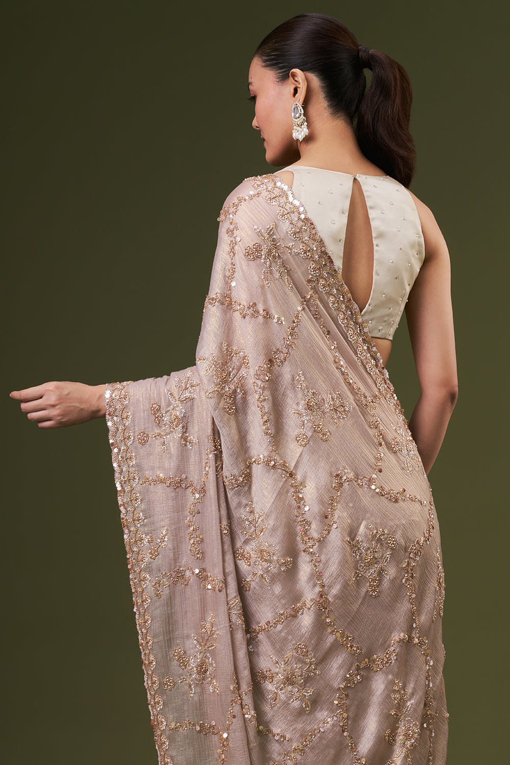 Golden Grey Crushed Tissue Embroidered Saree With Sequin Embroidery