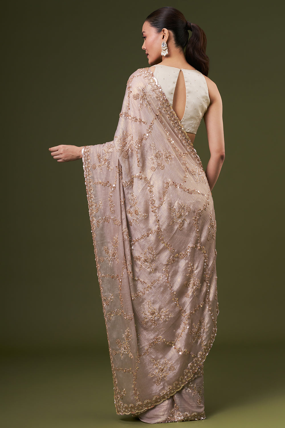 Golden Grey Crushed Tissue Embroidered Saree With Sequin Embroidery